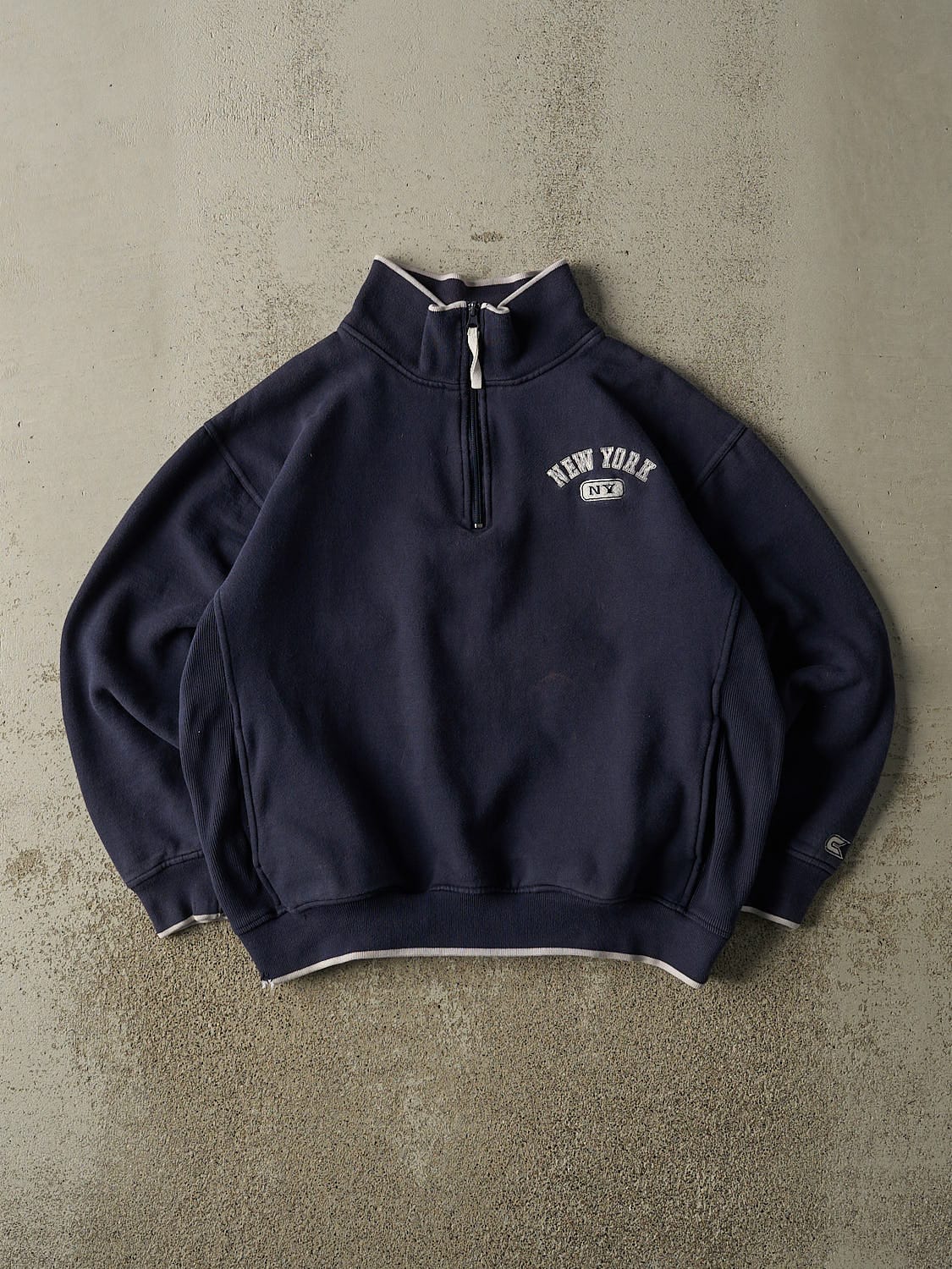 Vintage Y2K Navy Blue New York Embroidered Quarter Zip Sweater (M