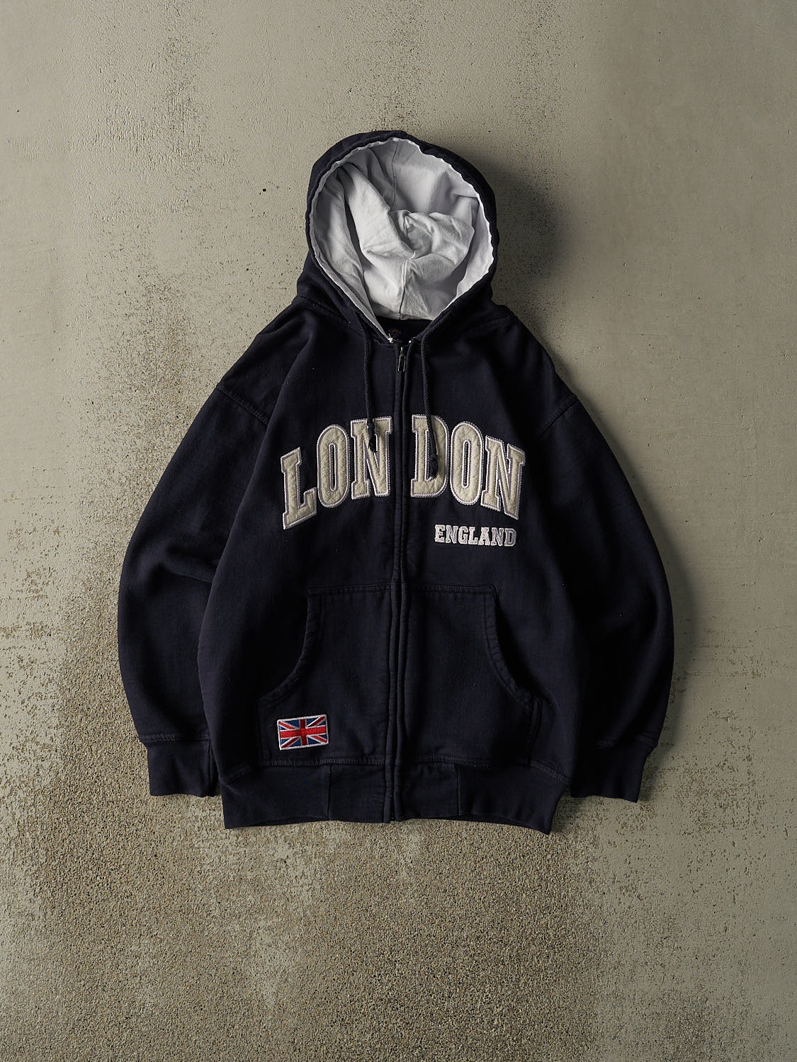 Vintage Y2K Navy Blue London England Embroidered Zip Up Hoodie (XS
