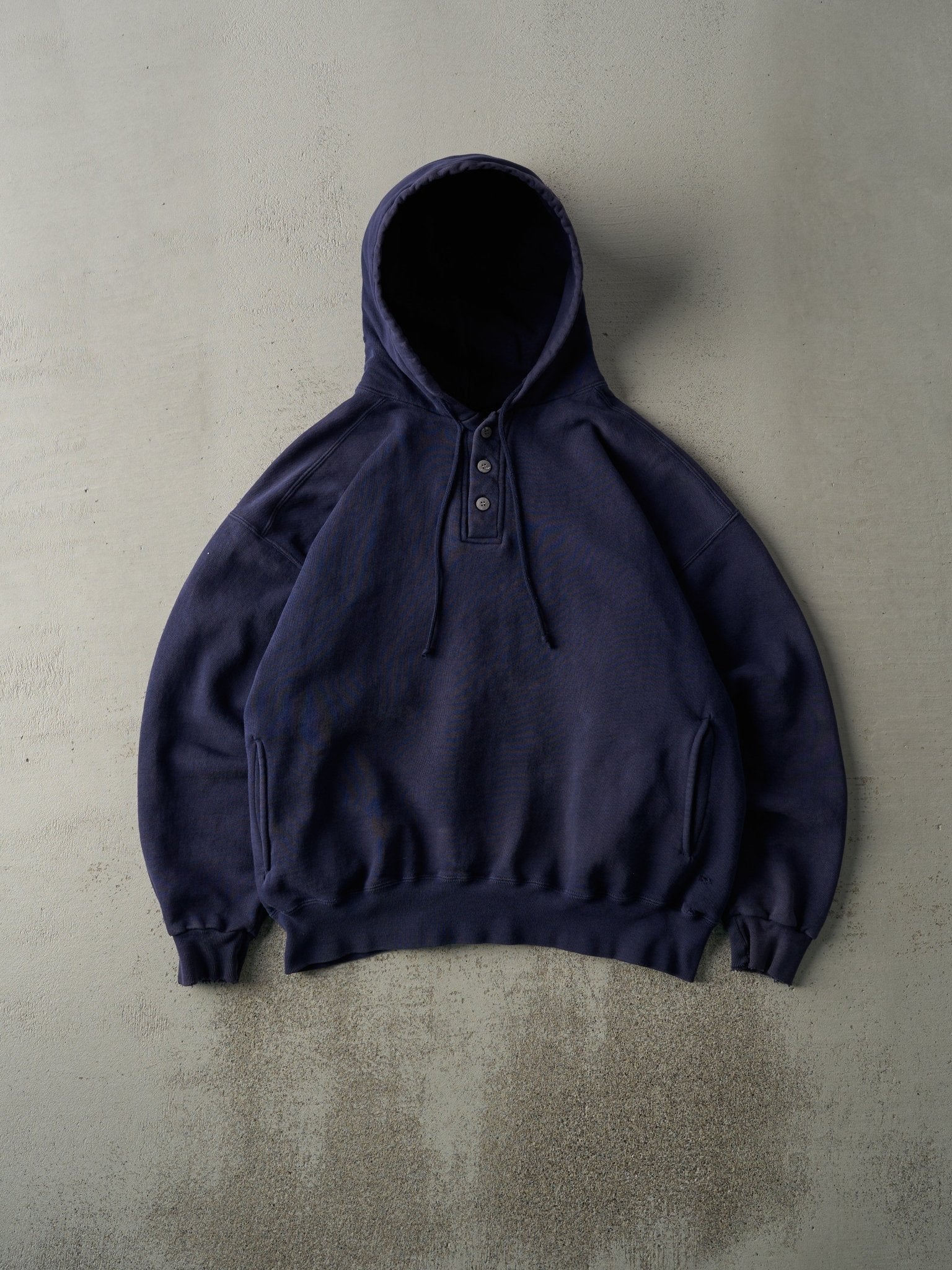 Vintage 90s Navy Blue Quarter Button Russell Athletic Boxy Hoodie