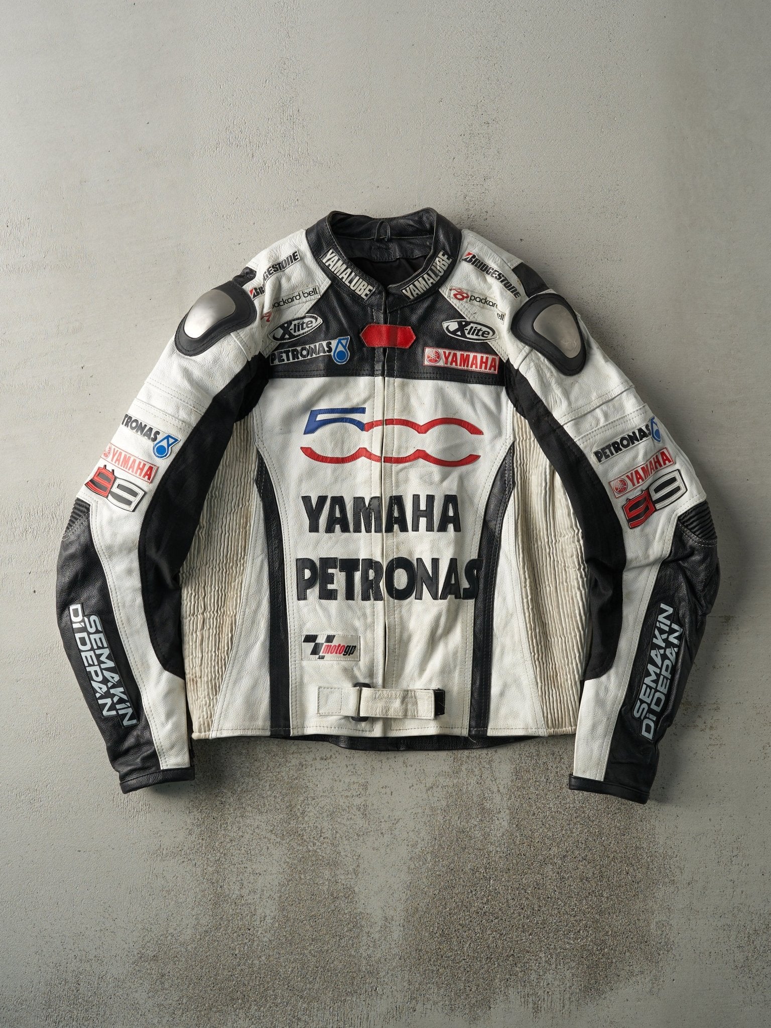 Vintage 90s White Black Yamaha Leather Racing Biker Jacket (M