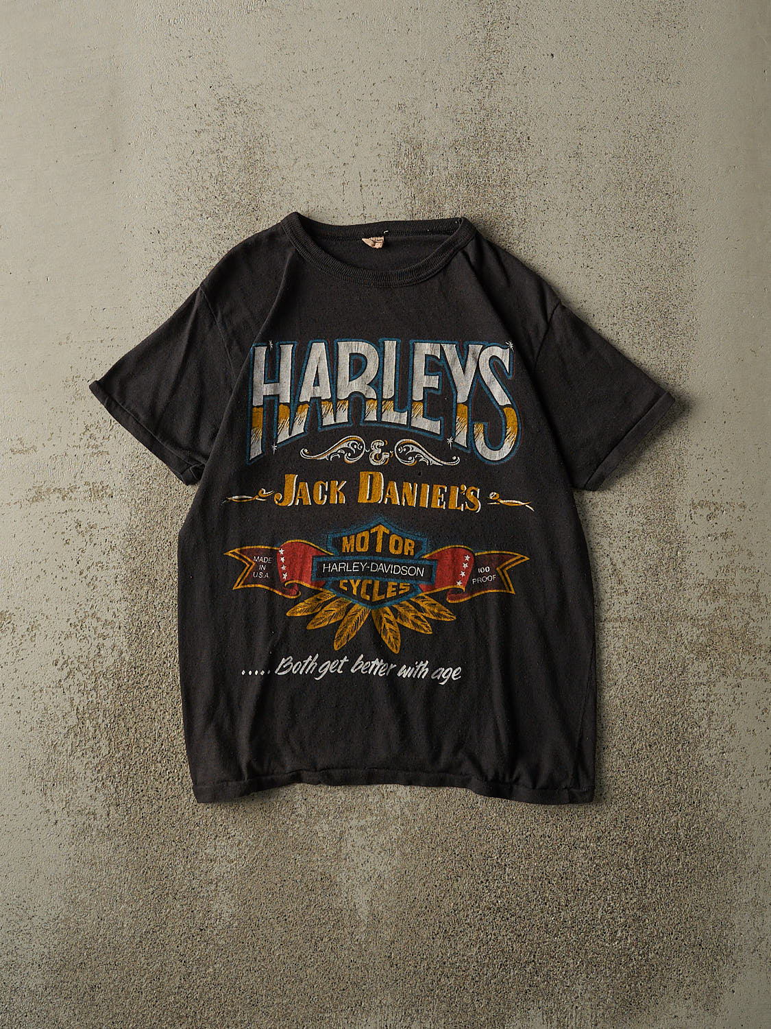 Vintage 80s Faded Black RARE Harley Davidson x Jack Daniels Single 