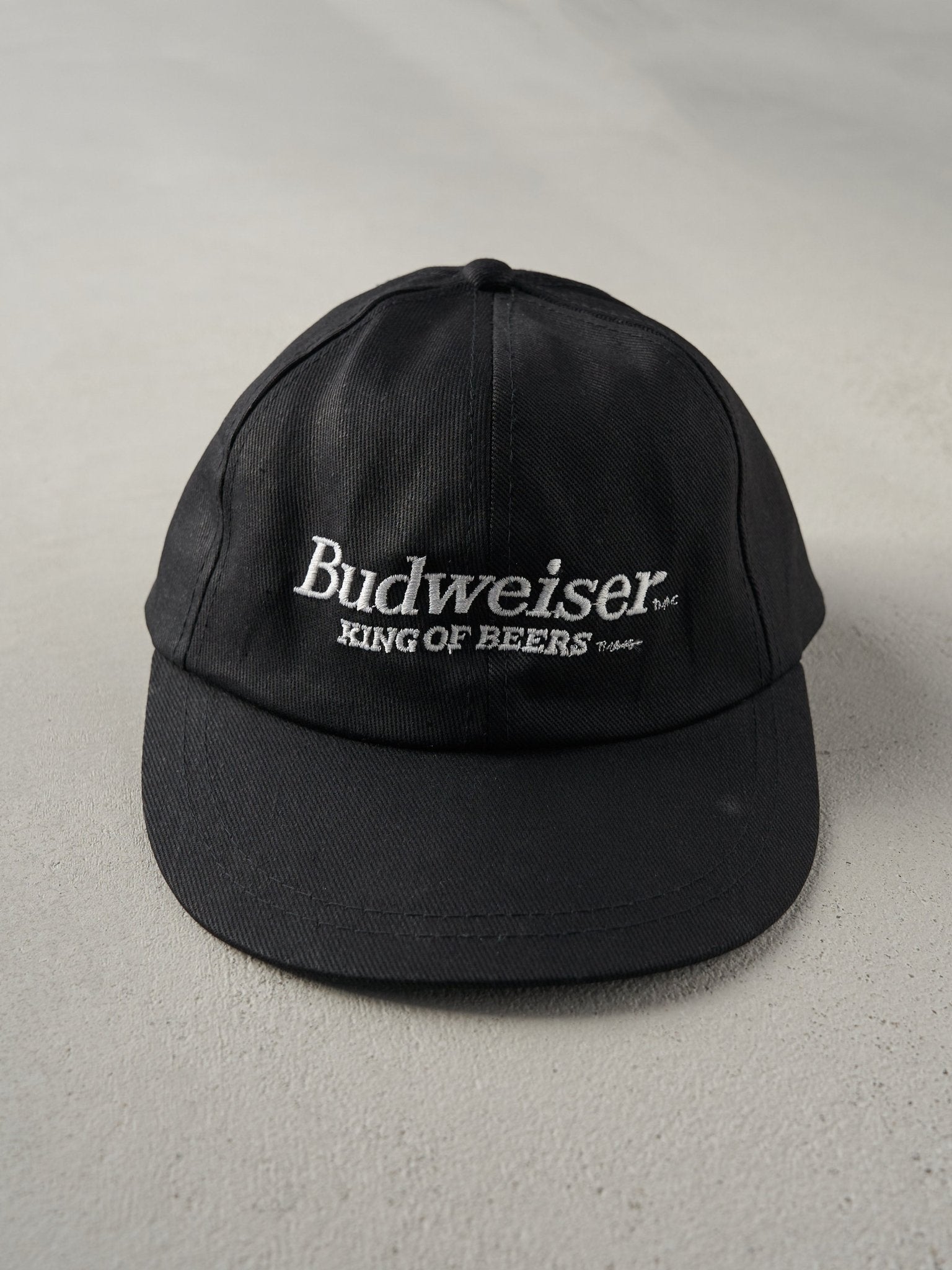 Vintage 80s Black Budweiser Leather Strap Back Hat Rebalance Vintage