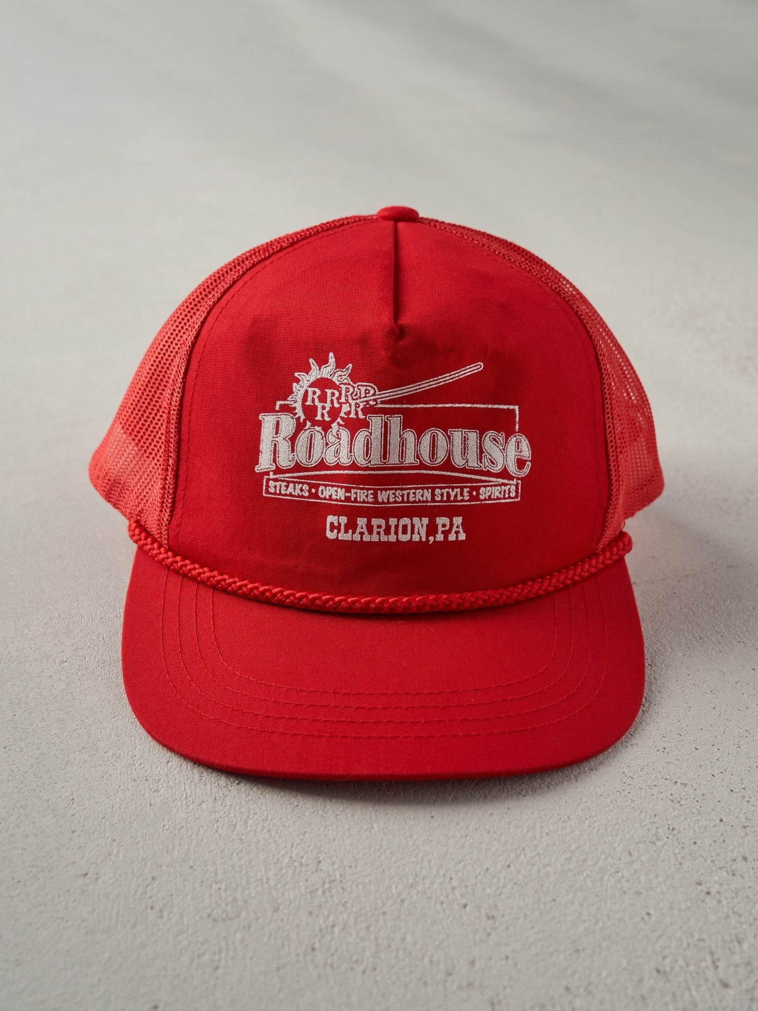 Vintage 90s Red Roadhouse Clarion, PA Trucker Hat Rebalance Vintage