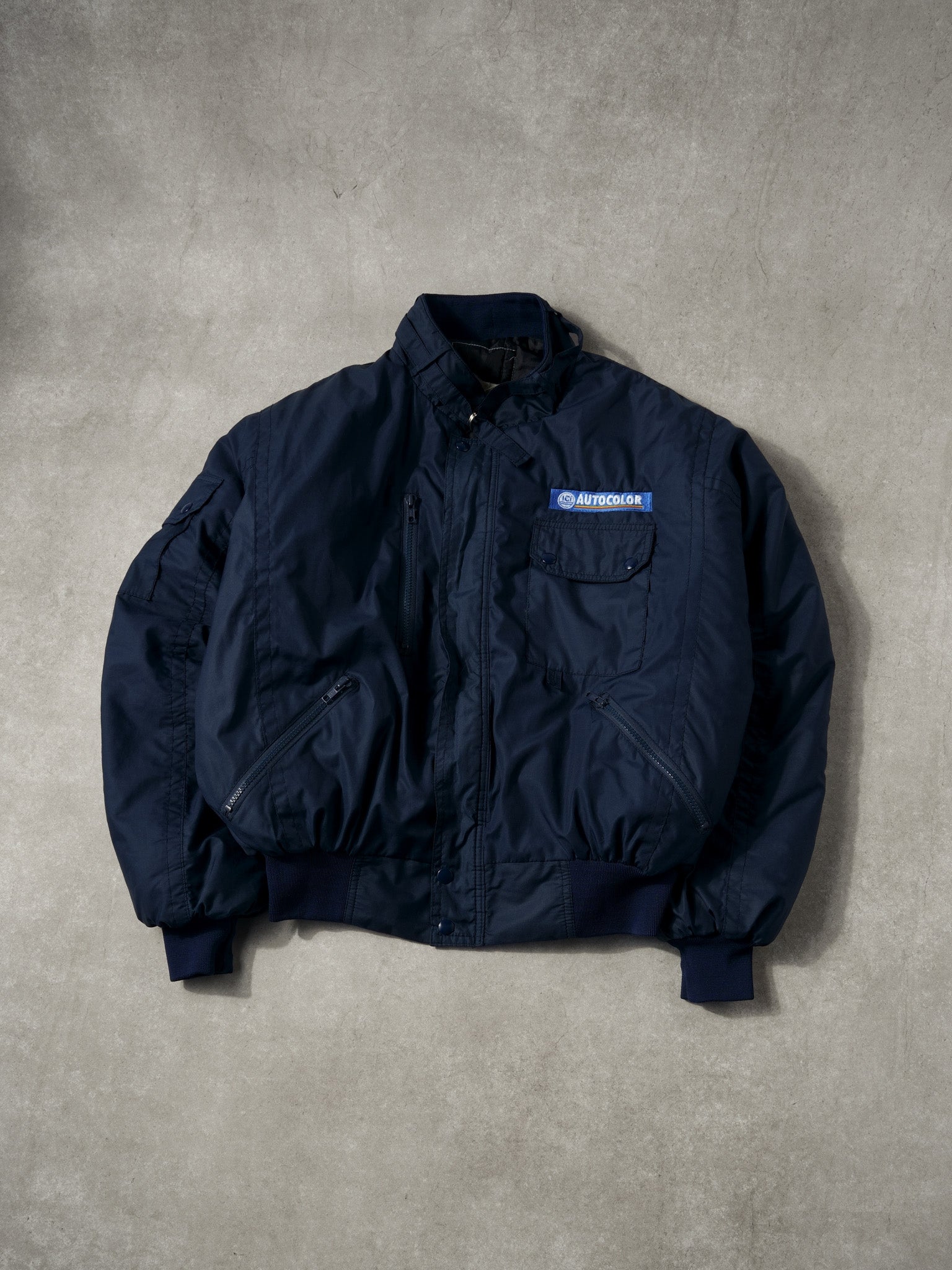 Vintage 80s Navy Blue Autocolor Astro Sports Bomber Jacket (L 