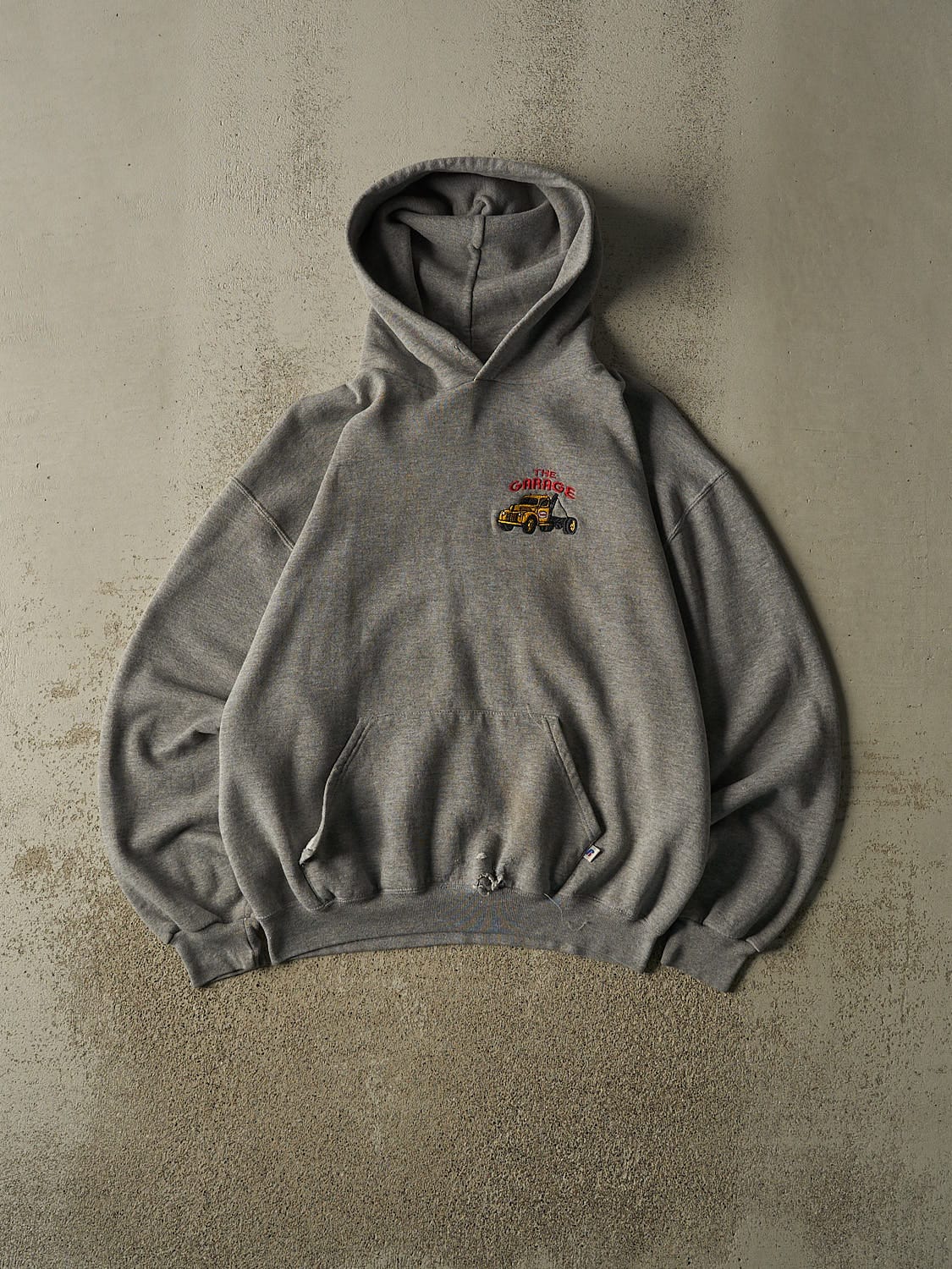 Vintage Y2K Grey Russell Athletic The Garage Embroidered Hoodie (L/XL)