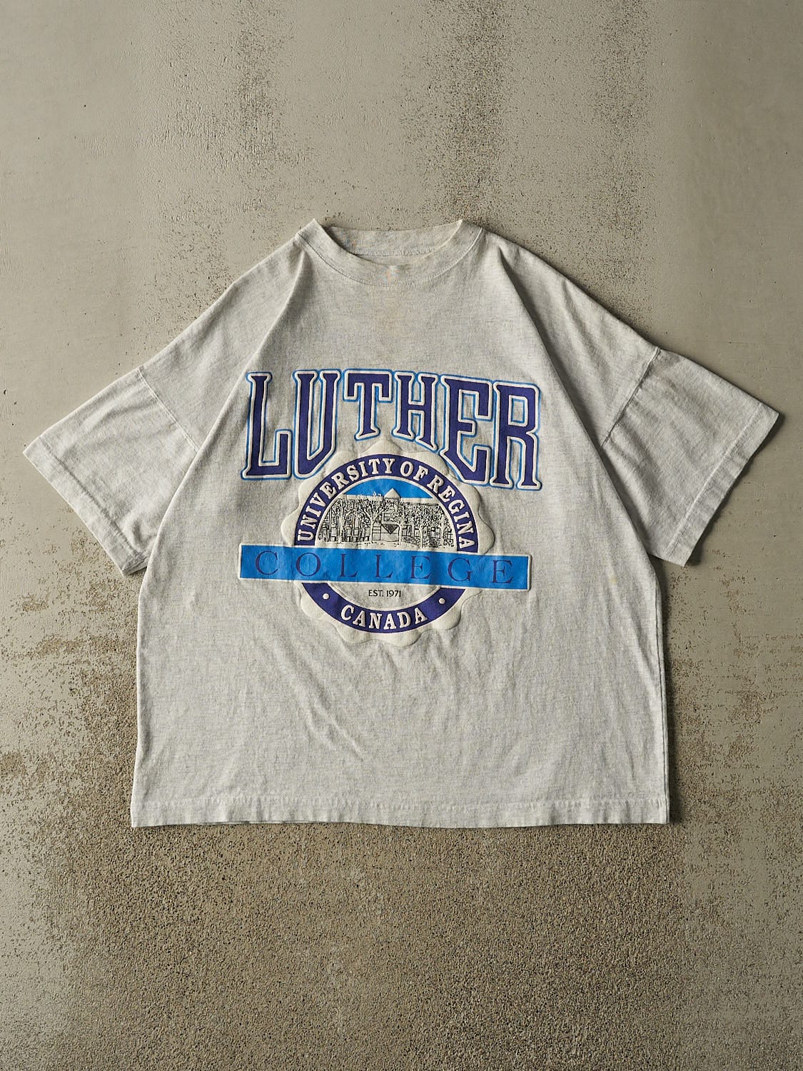 Vintage 90s Heather Grey University of Regina Luther Single Stitch Tee (L/XL)
