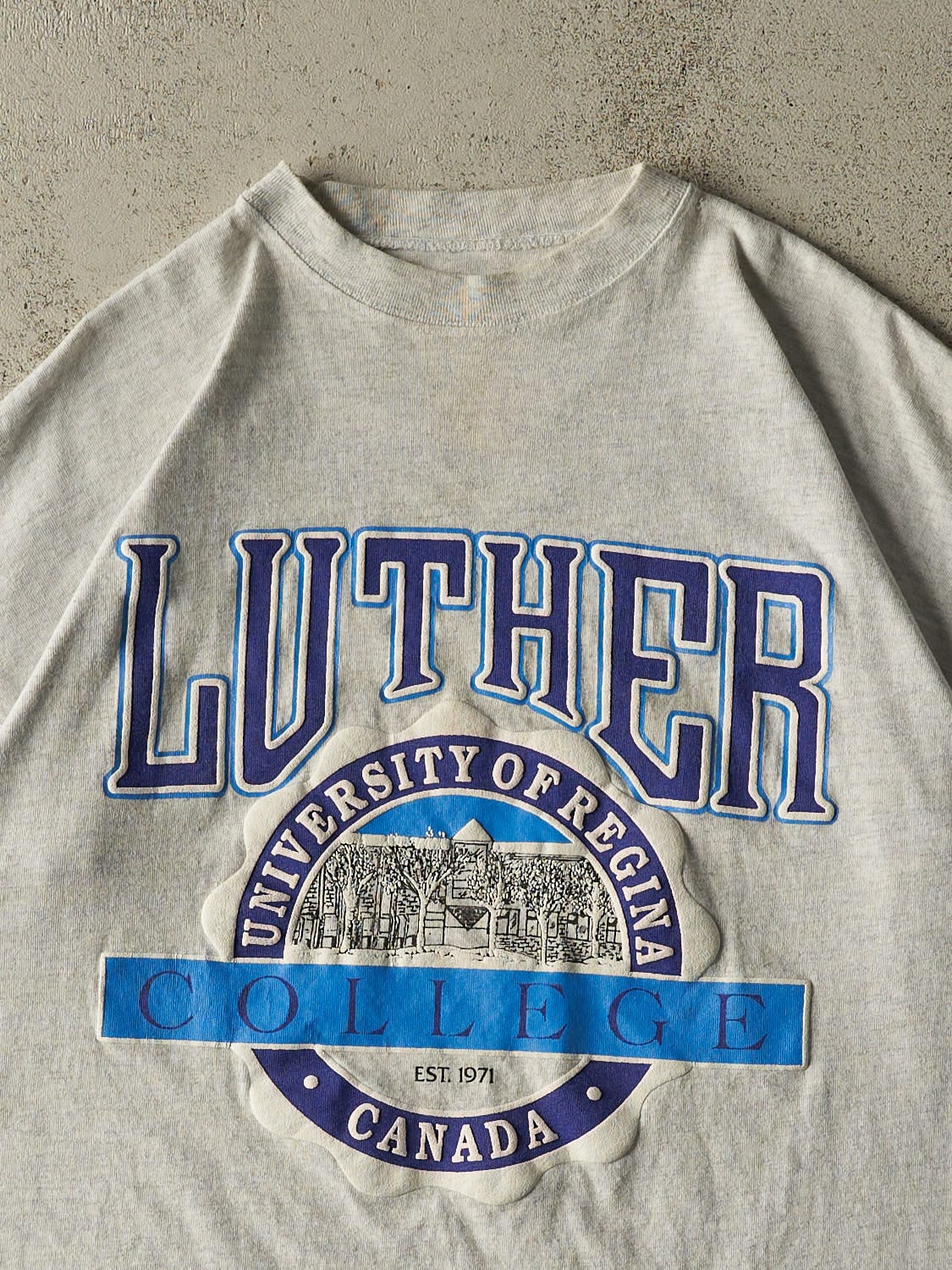 Vintage 90s Heather Grey University of Regina Luther Single Stitch Tee (L/XL)