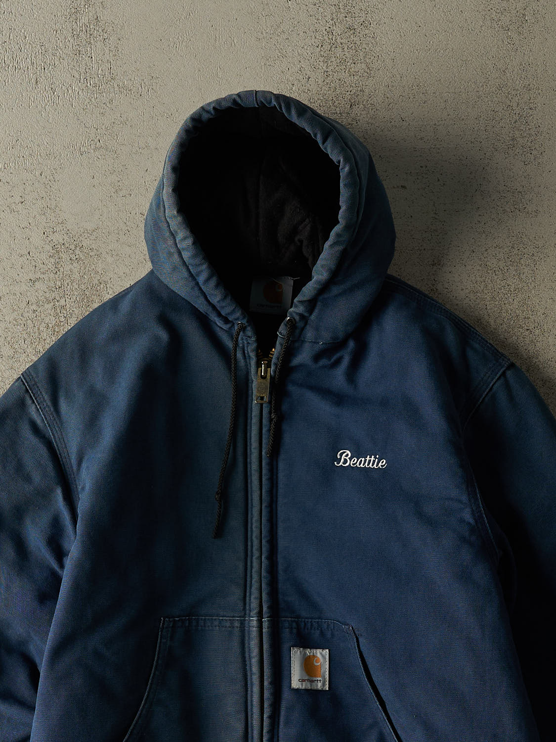 Vintage Y2K Sun Faded Navy Carhartt Embroidered Hooded Active Jacket (S/M)