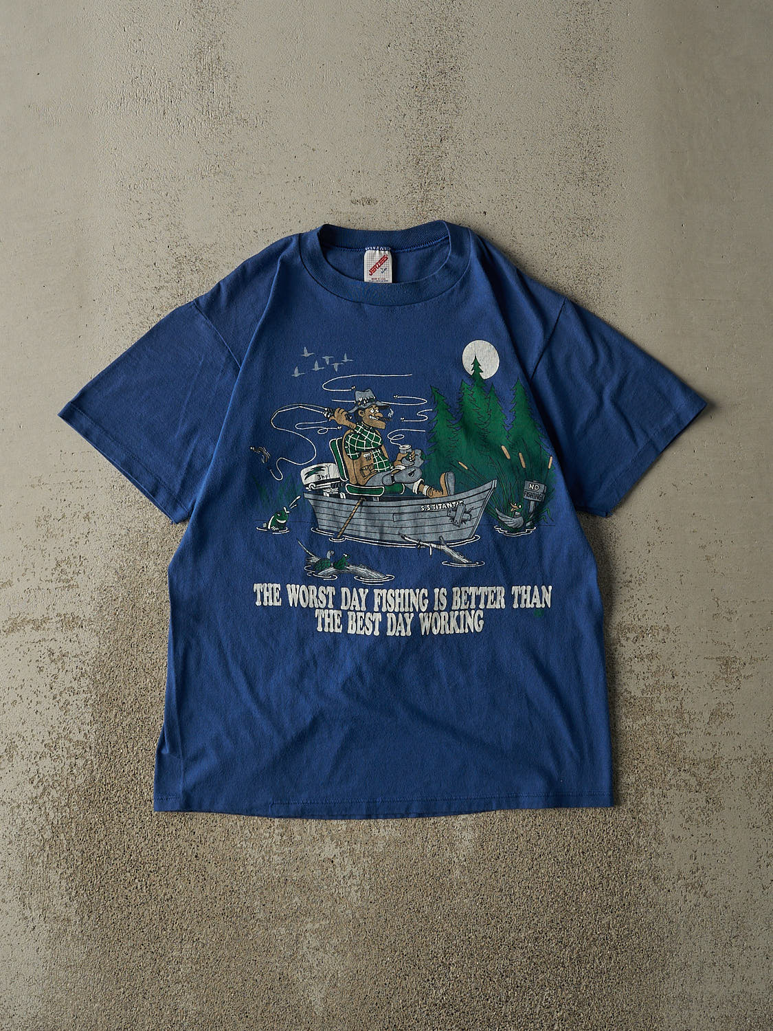 Vintage 80s Blue Fishing Slogan Tee (S/M)