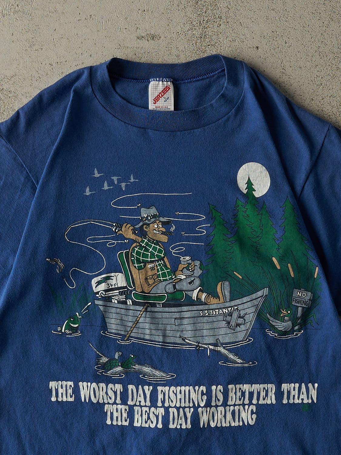 Vintage 80s Blue Fishing Slogan Tee (S/M)