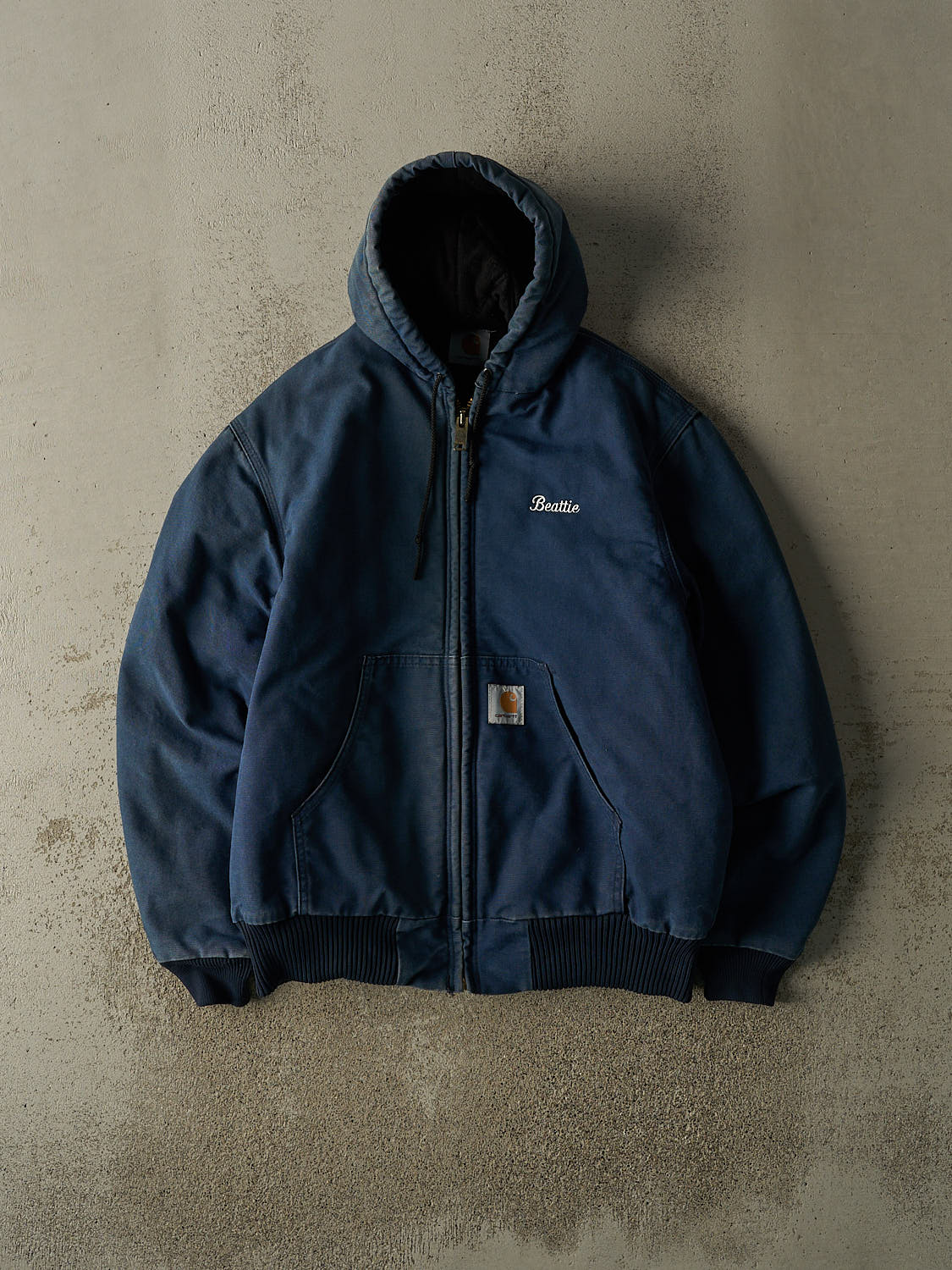Vintage Y2K Sun Faded Navy Carhartt Embroidered Hooded Active Jacket (S/M)