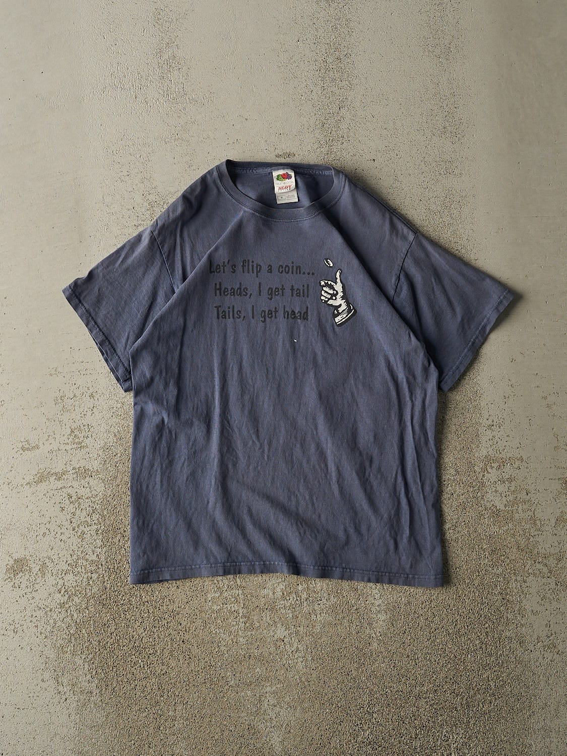 Vintage 90s Washed Blue "Flip A Coin" Slogan Tee (S/M)