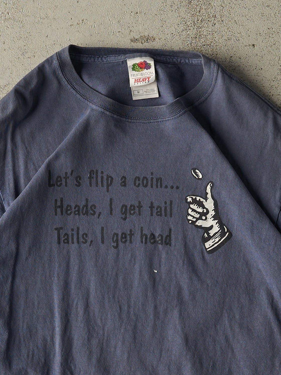 Vintage 90s Washed Blue "Flip A Coin" Slogan Tee (S/M)