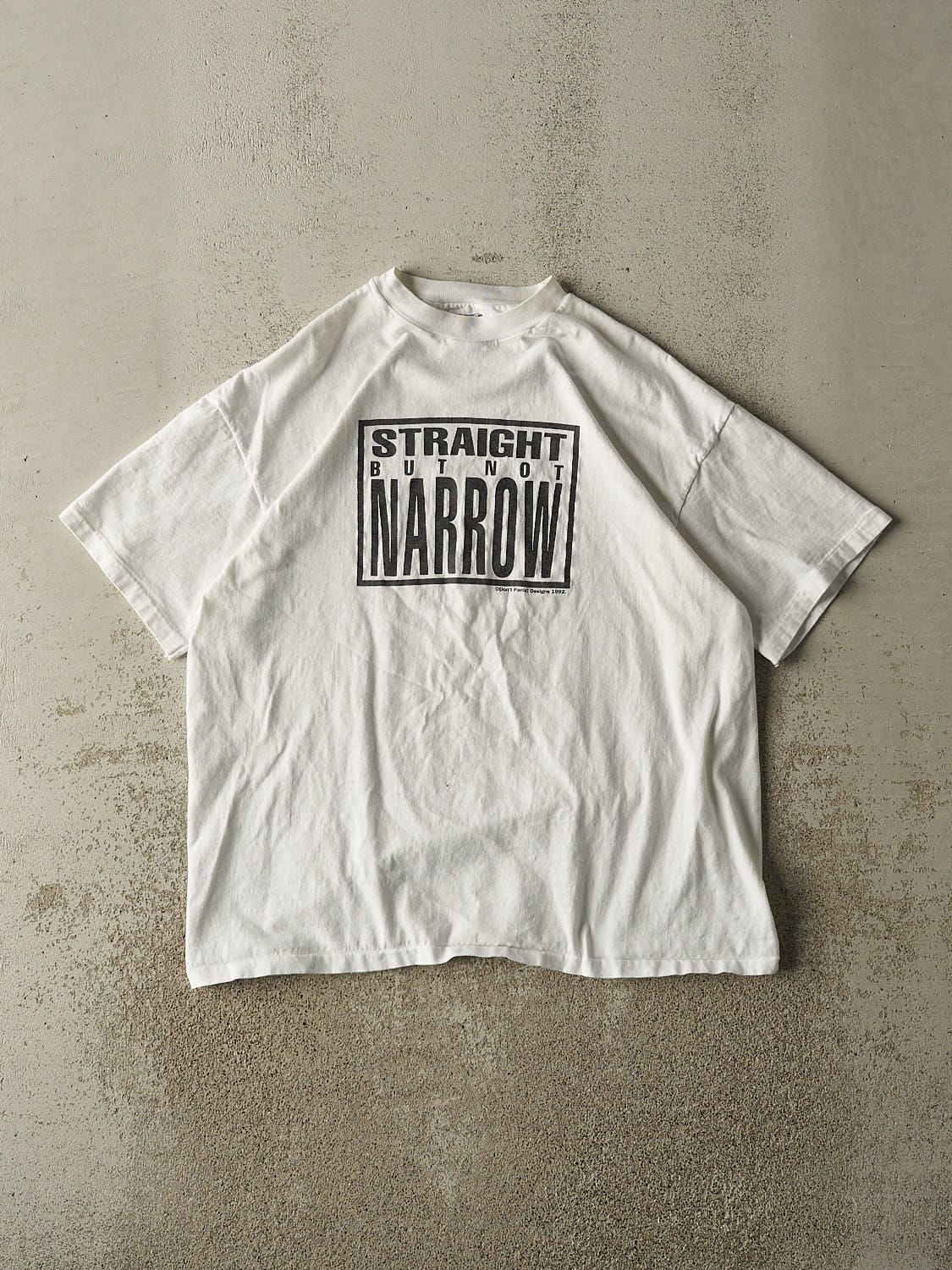 Vintage 92' White "Straight But Not Narrow" Slogan Tee (L)