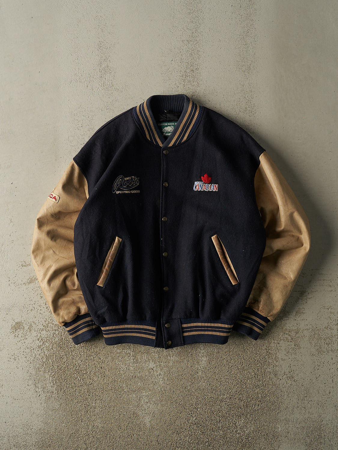 Vintage 90s Navy Blue Molson Canadian Roots Embroidered Varsity Jacket (XL)