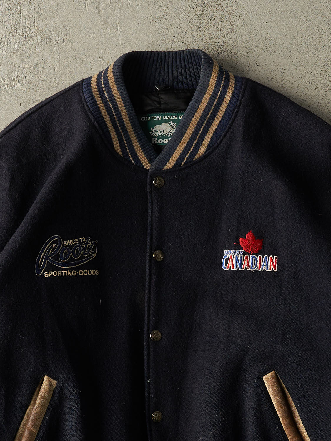 Vintage 90s Navy Blue Molson Canadian Roots Embroidered Varsity Jacket (XL)