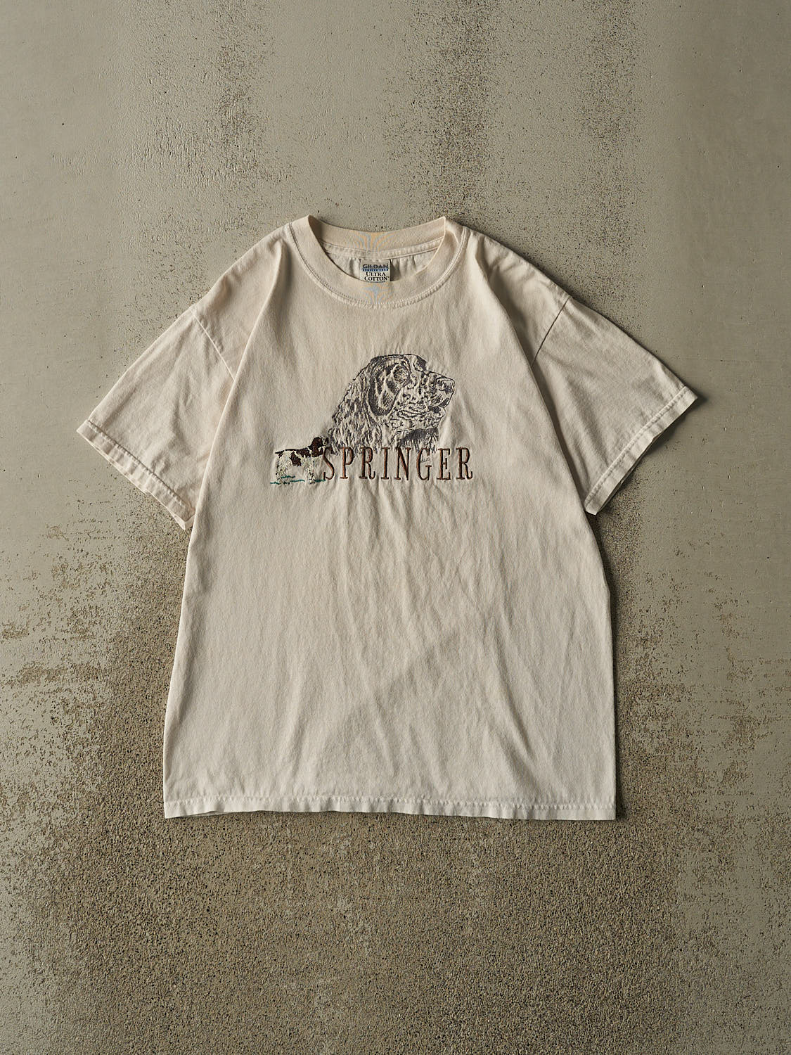 Vintage Y2K Beige Springer Embroidered Dog Tee (S/M)