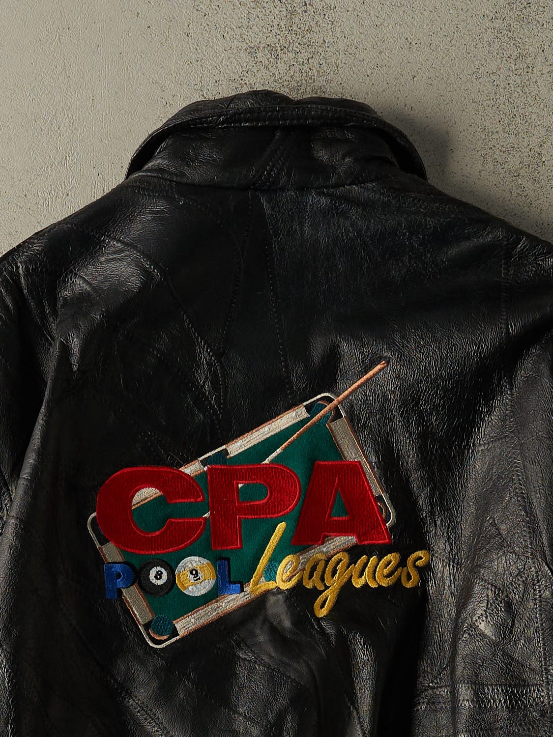 Vintage 90s Black CPA Billiards Embroidered Leather Jacket (L/XL)