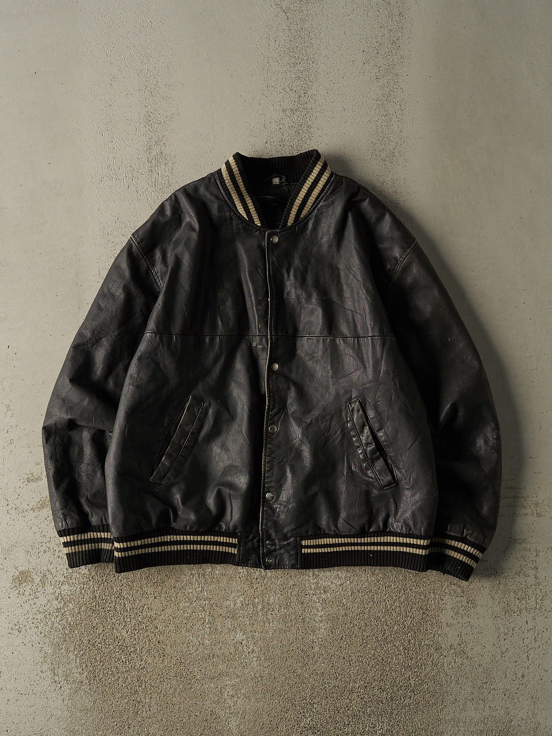 Vintage 90s Black Leather Varsity Bomber Jacket (XL/XXL)