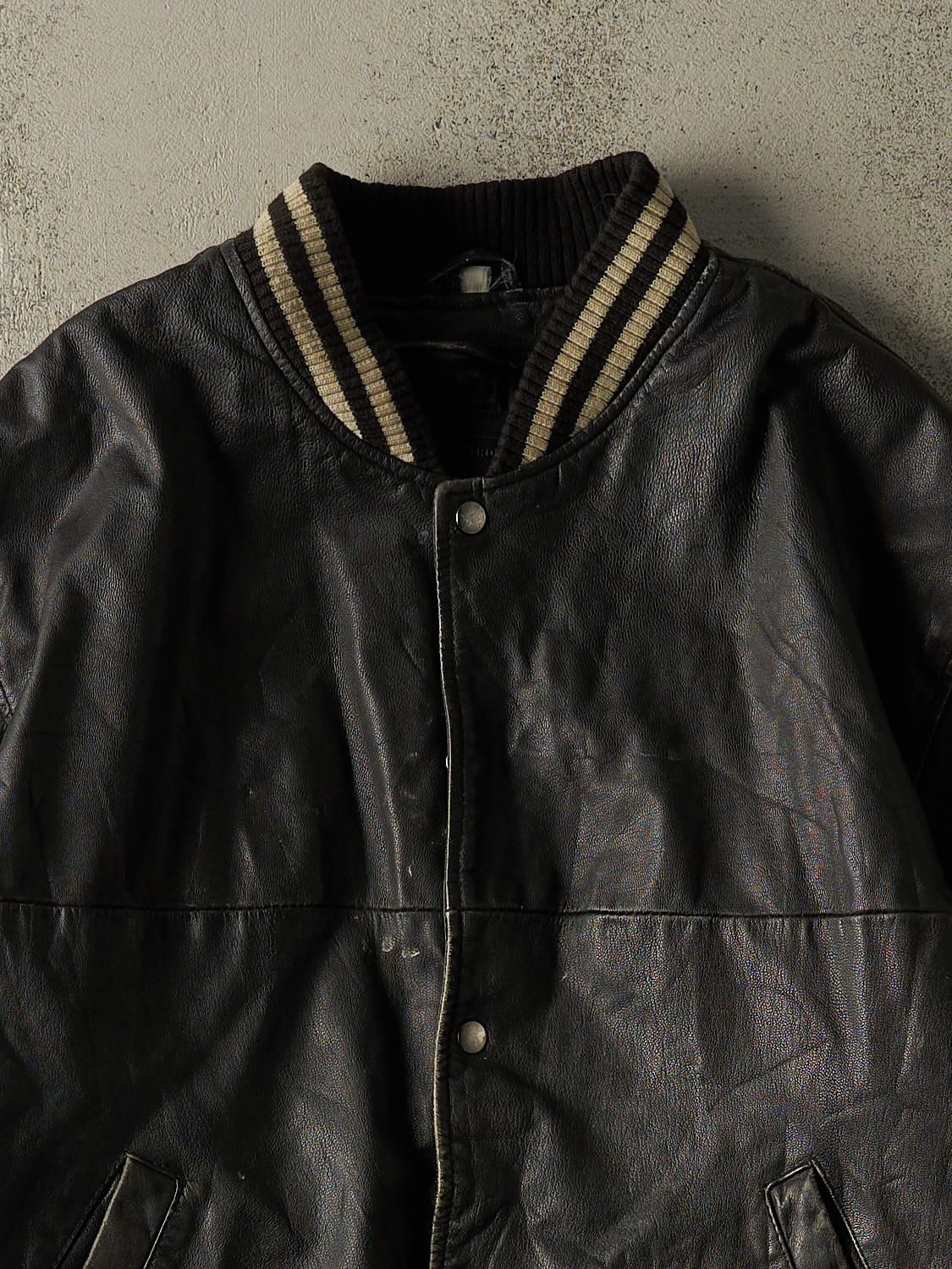 Vintage 90s Black Leather Varsity Bomber Jacket (XL/XXL)