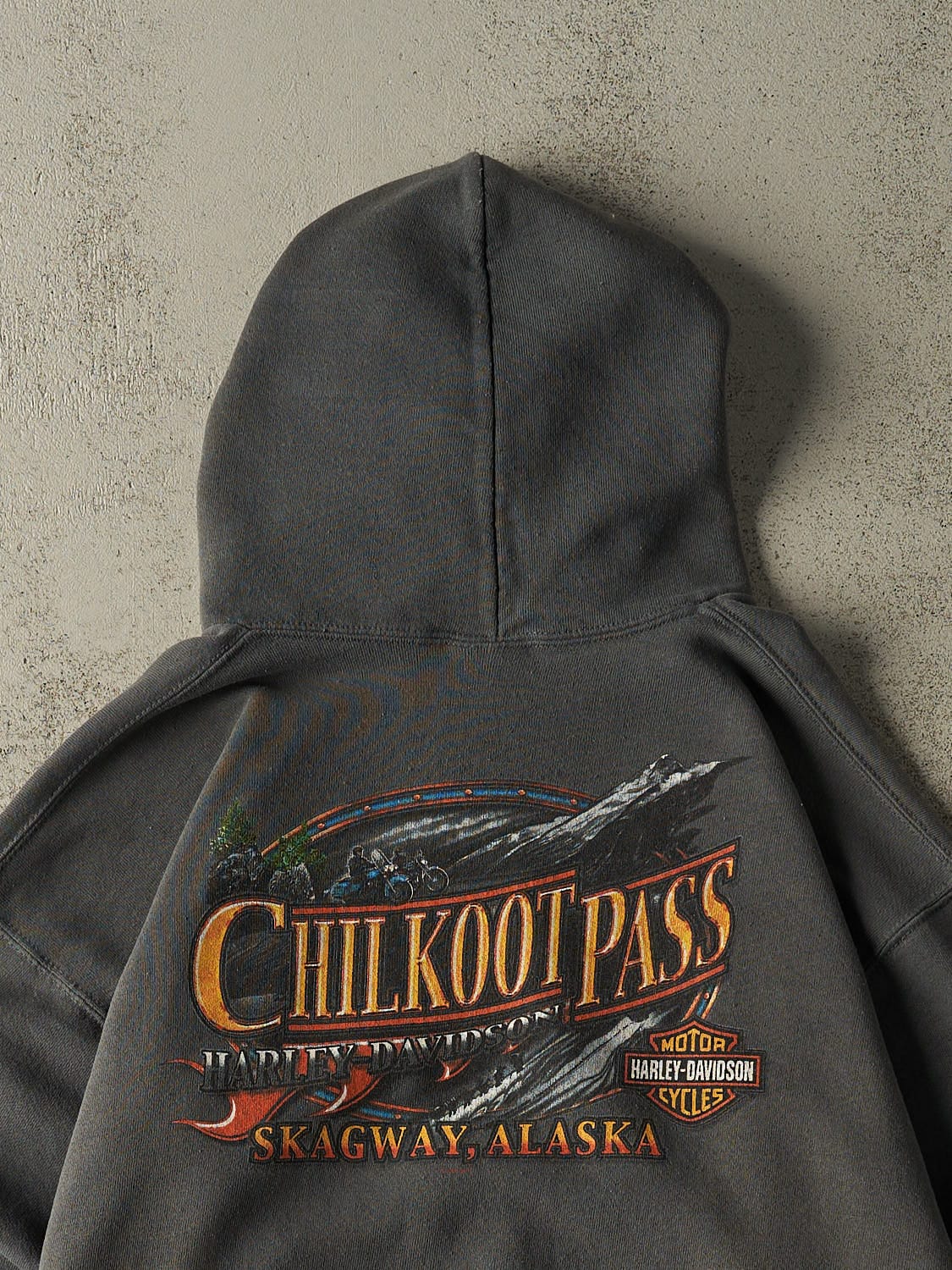 Vintage 03' Charcoal Grey Harley Davidson Skagway Alaska Hoodie (M)