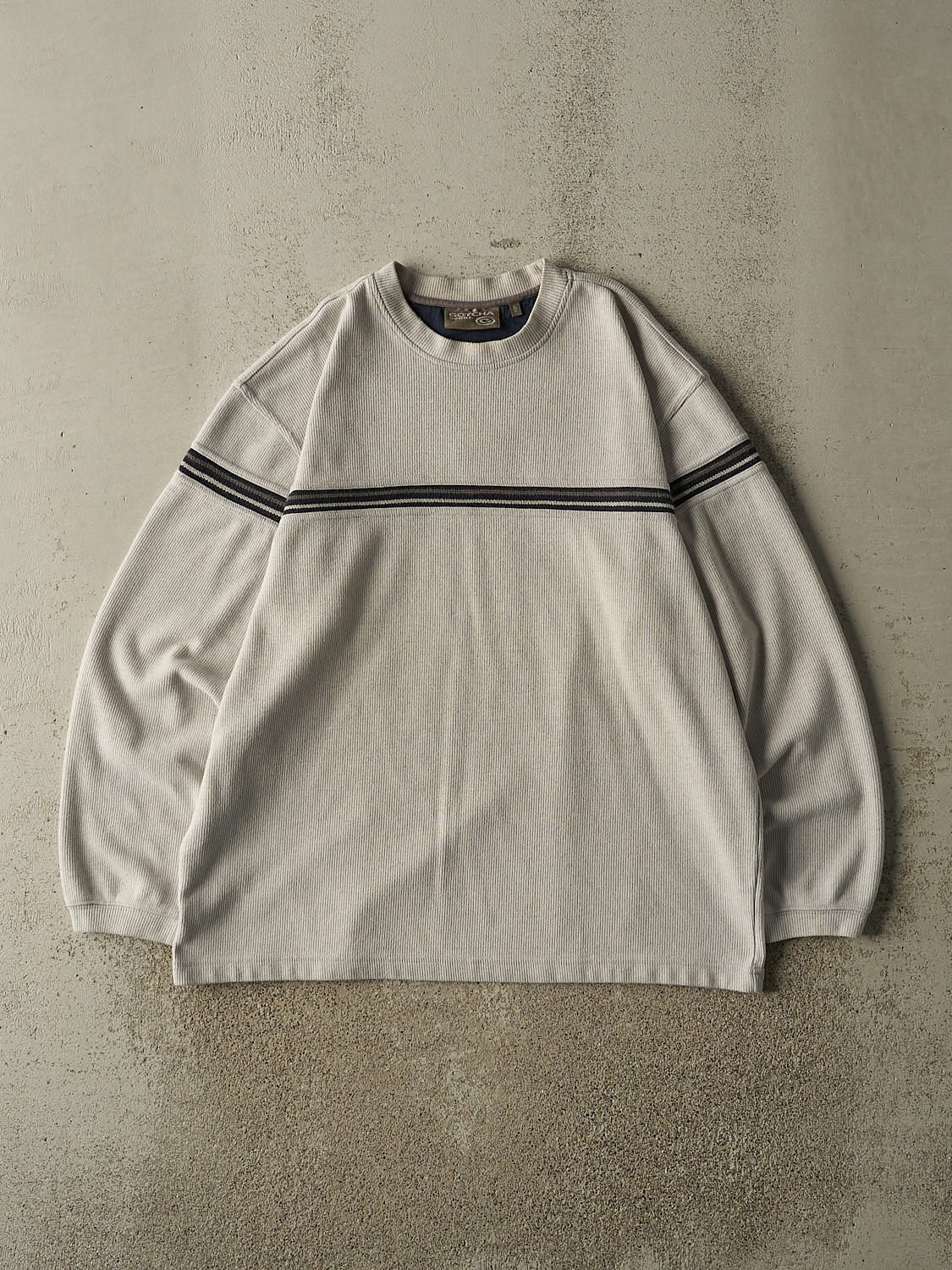Vintage 90s Beige Striped Knit Pullover (L/XL)