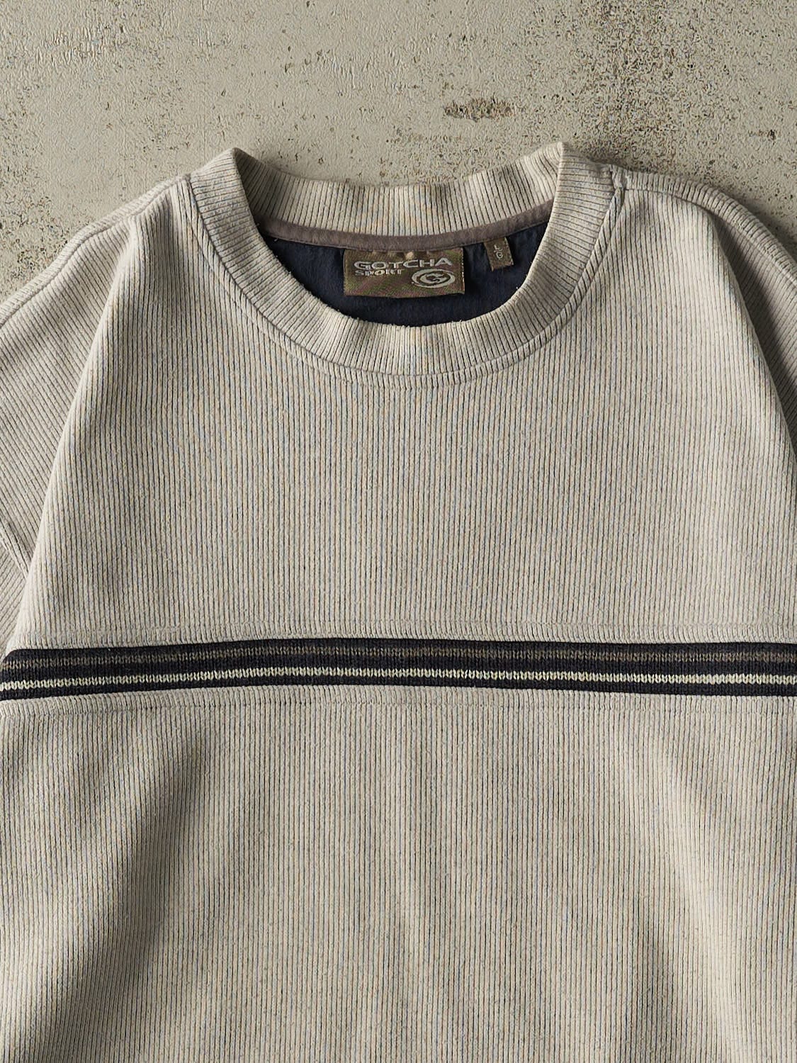 Vintage 90s Beige Striped Knit Pullover (L/XL)