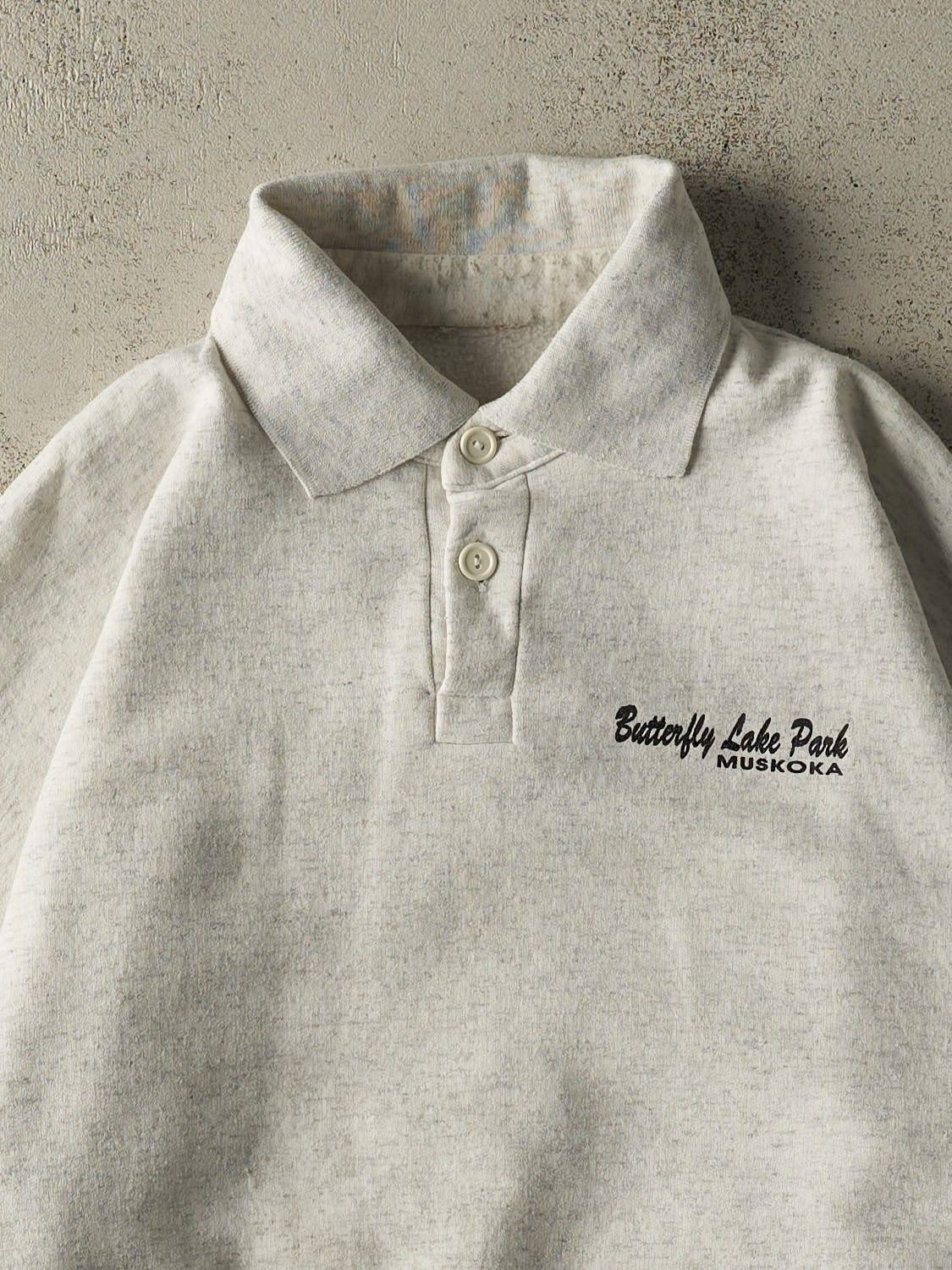 Vintage 90s Heather Grey Butterfly Lake Park Quarter Button Sweater (XL)