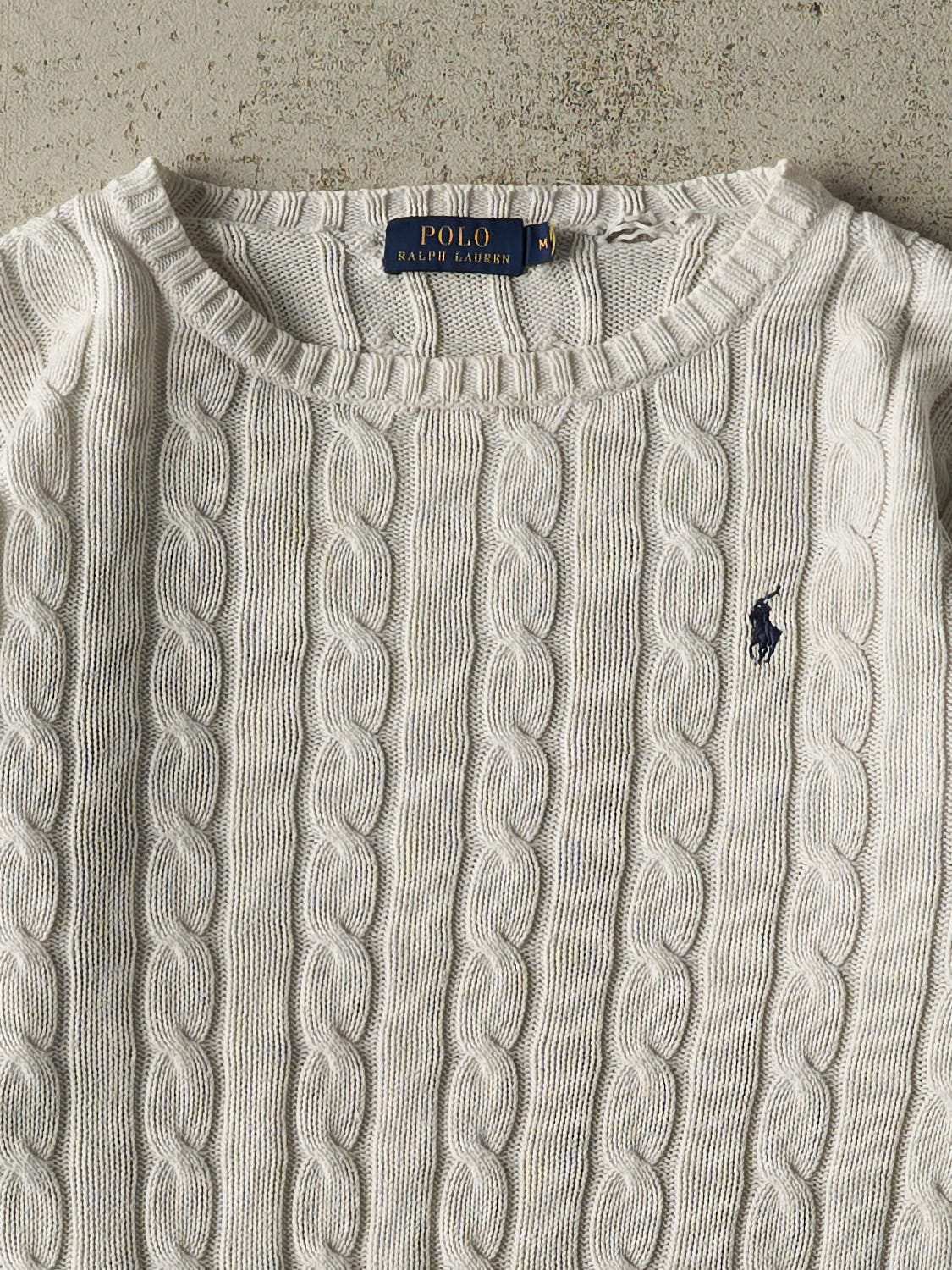 Vintage Y2K White Polo Cable Knit Sweater (XXS/XS)