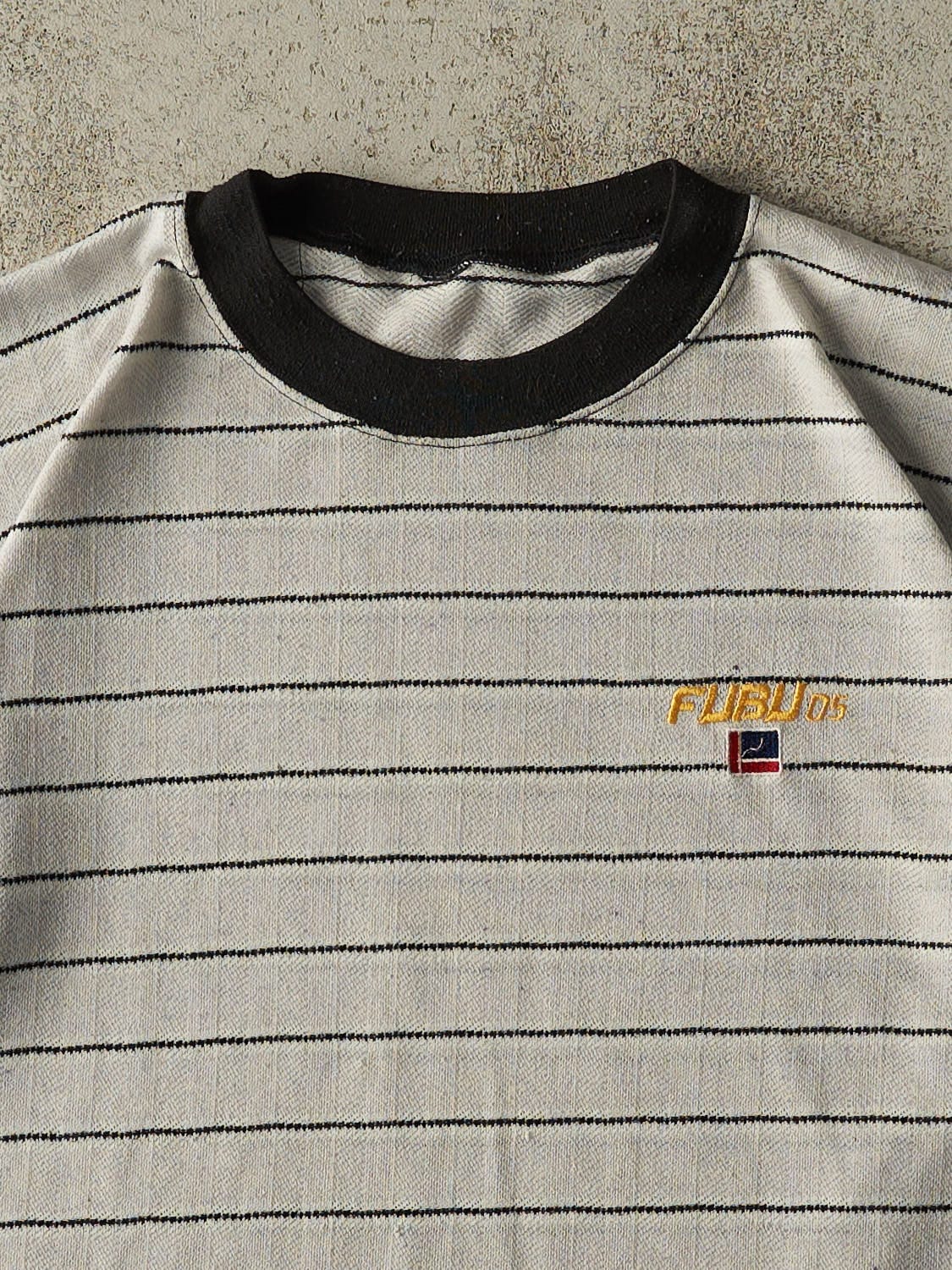 Vintage 90s Grey & Black Fubu Striped Tee (M)