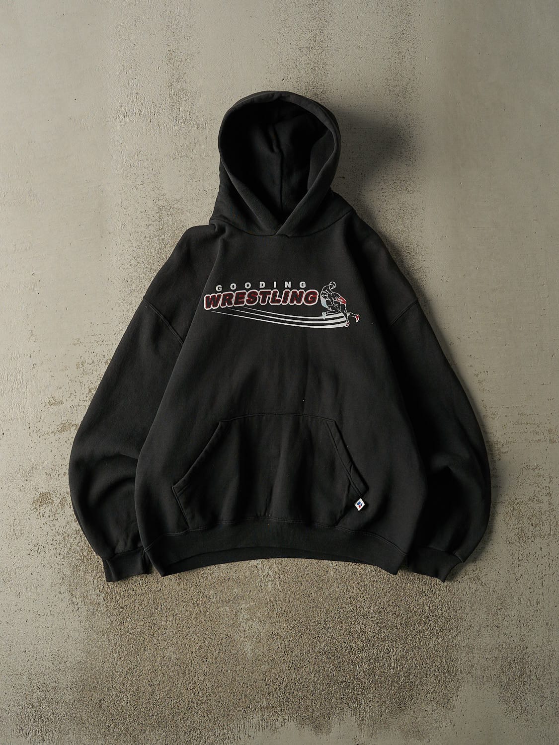Vintage 90s Faded Black Russell Athletic Gooding Wrestling Hoodie (L/XL)