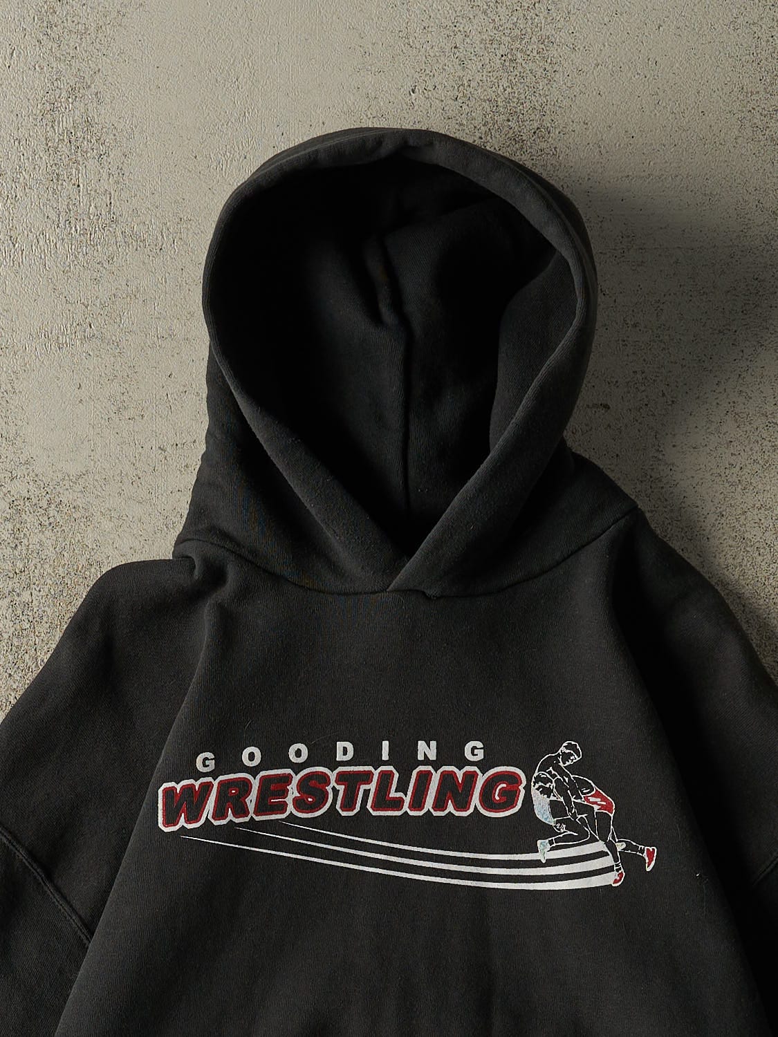 Vintage 90s Faded Black Russell Athletic Gooding Wrestling Hoodie (L/XL)