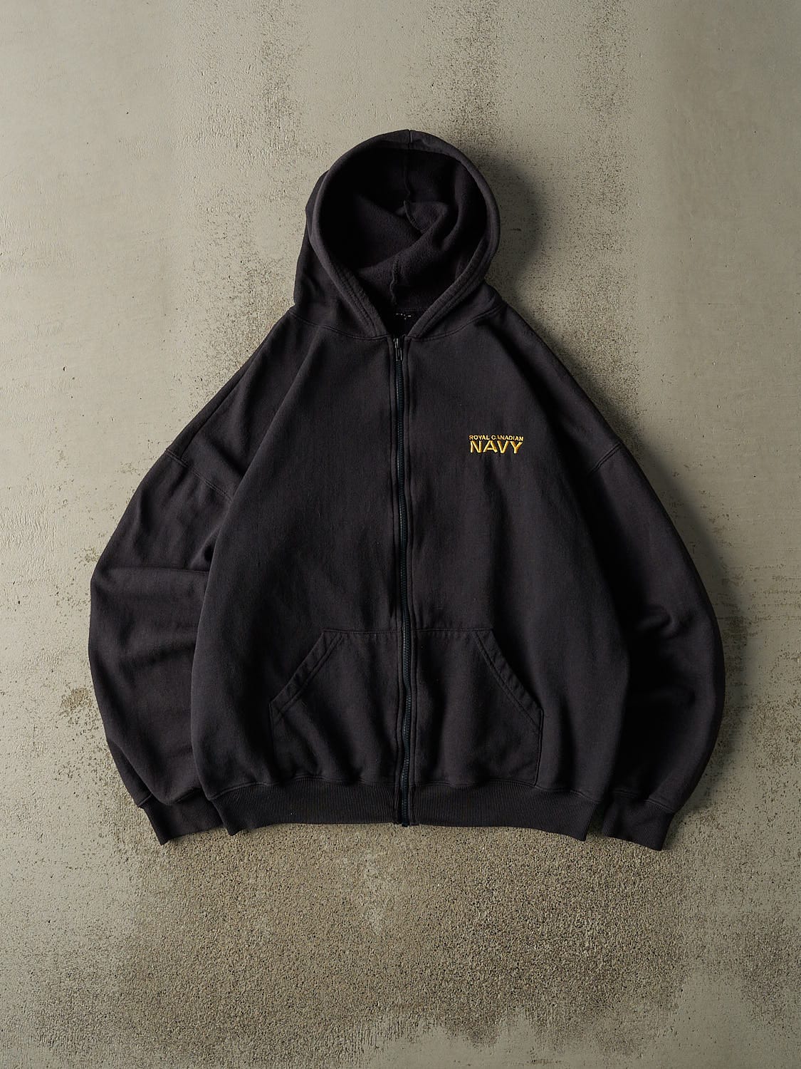 Vintage 90s Faded Black Royal Canadian Navy Embroidered Zip Up Hoodie (XL)