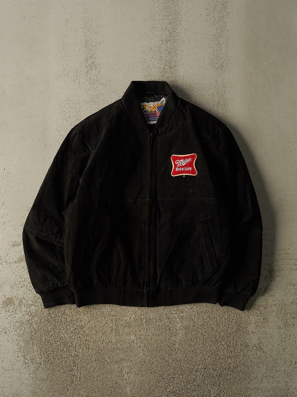Vintage 90s RARE Black Miller High Life Jeff Hamilton Suede Bomber Jacket (M/L)