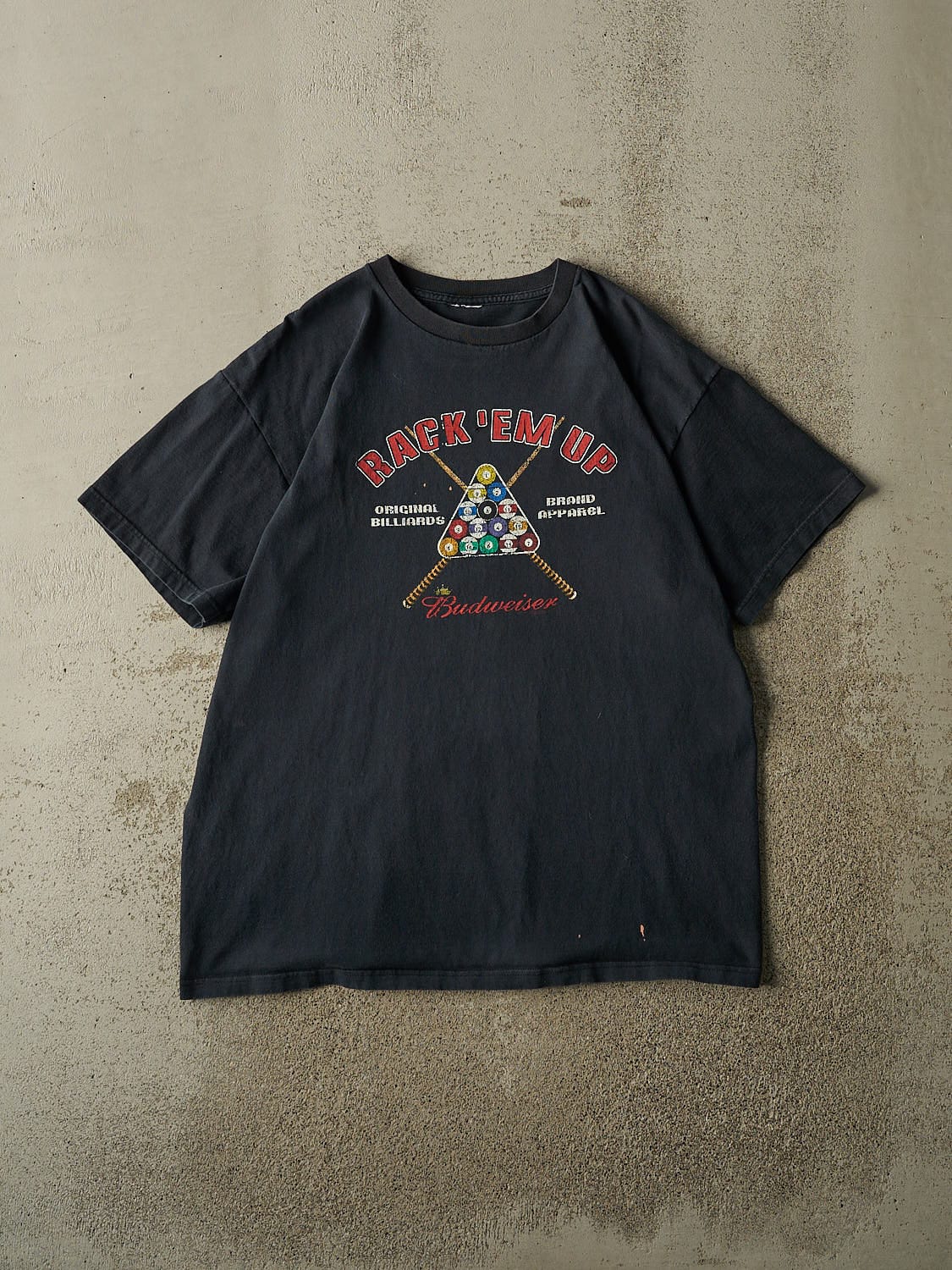 Vintage 90s Faded Black Budweiser Billiards “Rack ‘Em Up” Tee (L/XL)