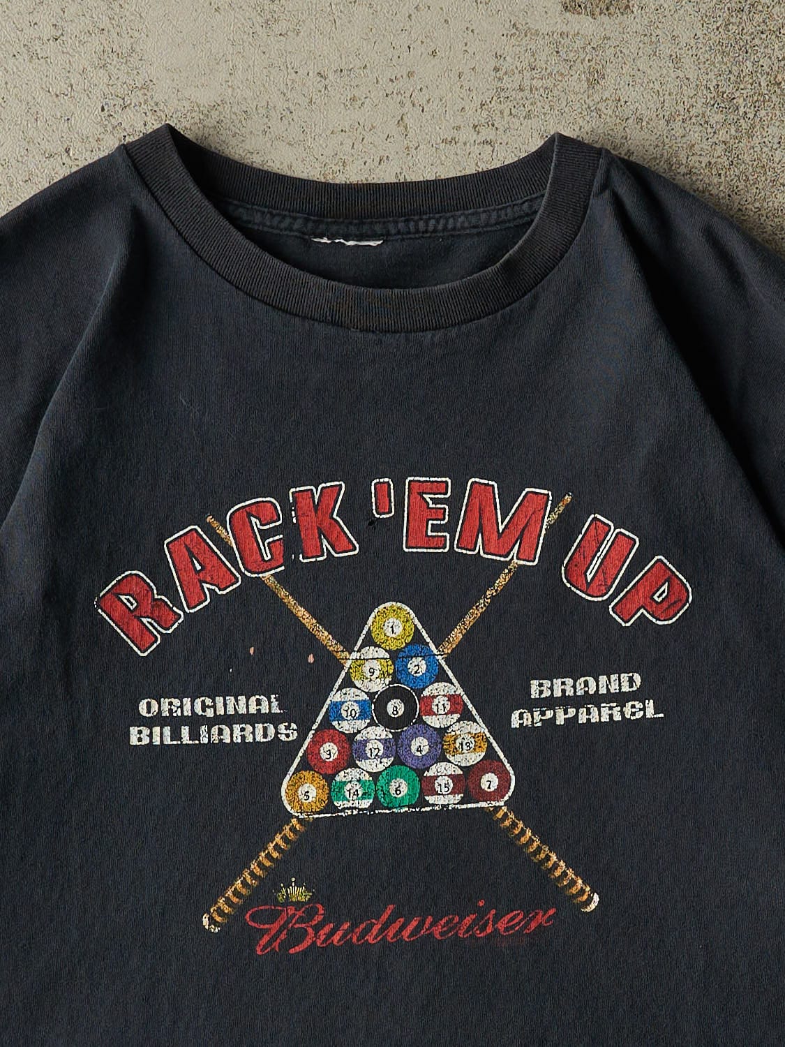 Vintage 90s Faded Black Budweiser Billiards “Rack ‘Em Up” Tee (L/XL)