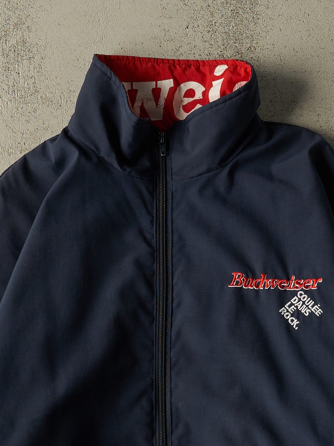 Vintage 90s Navy Blue Budweiser Embroidered Bomber Jacket (L/XL)