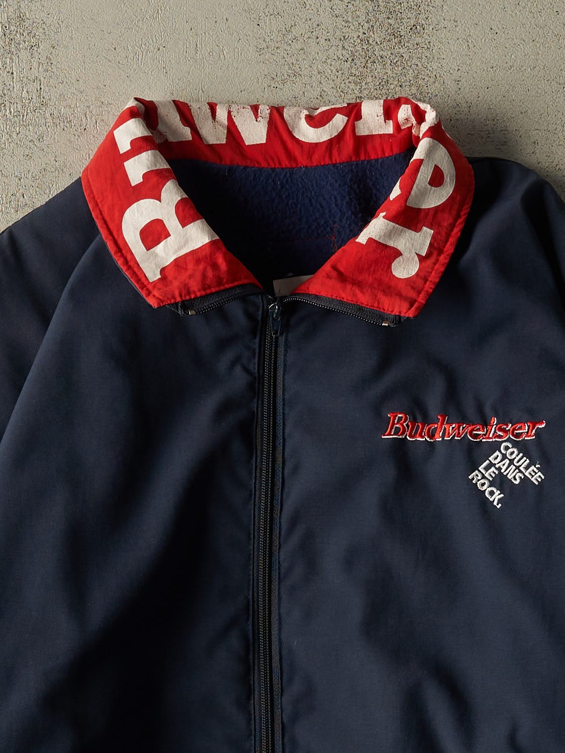 Vintage 90s Navy Blue Budweiser Embroidered Bomber Jacket (L/XL)