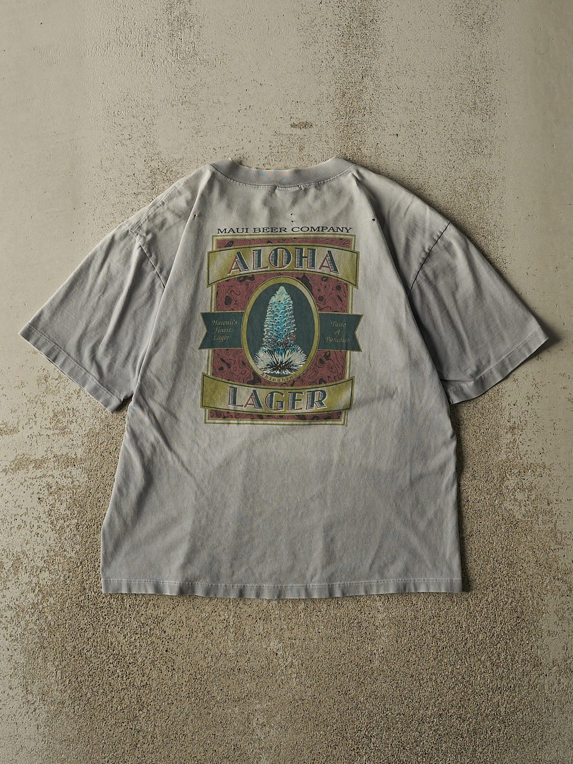 Vintage 80s Sun Faded Grey Aloha Lager Maui Beer Co Tee (S)