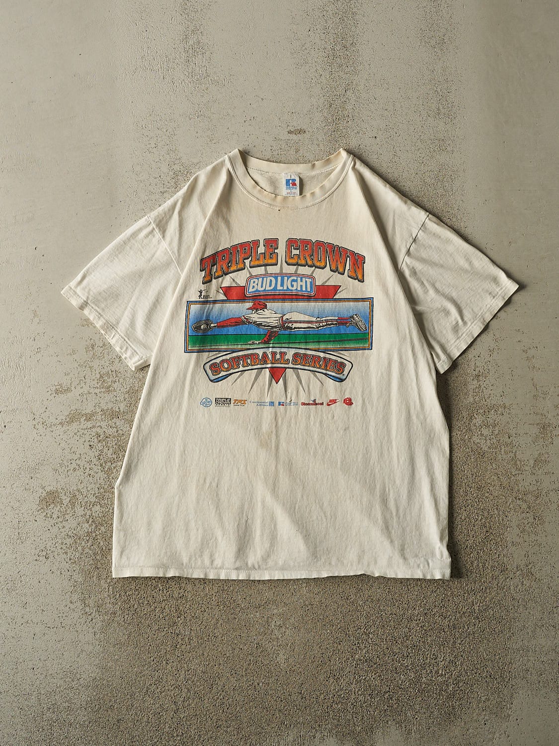 Vintage 80s Beige Russell Athletic Bud Light Softball Tee (L/XL)