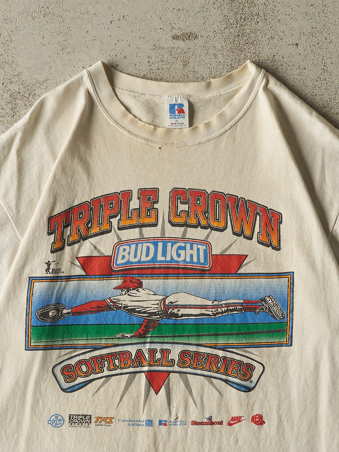 Vintage 80s Beige Russell Athletic Bud Light Softball Tee (L/XL)