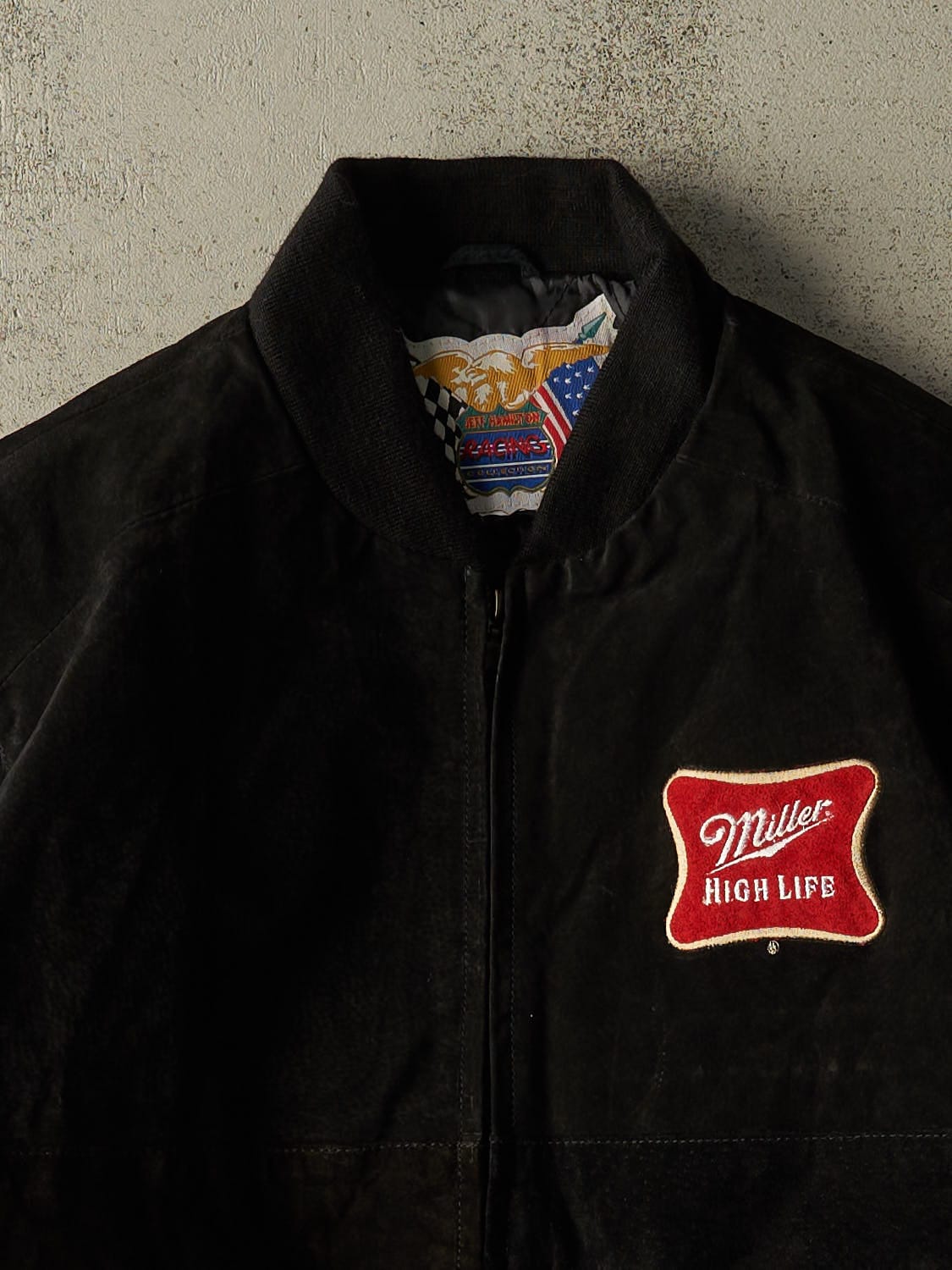 Vintage 90s RARE Black Miller High Life Jeff Hamilton Suede Bomber Jacket (M/L)
