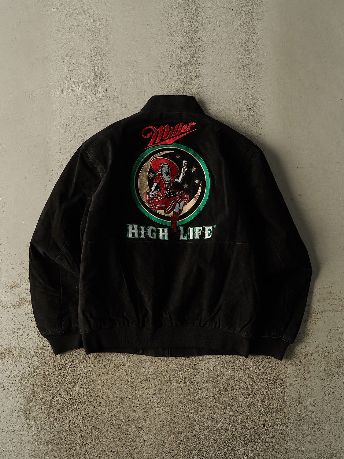 Vintage 90s RARE Black Miller High Life Jeff Hamilton Suede Bomber Jacket (M/L)