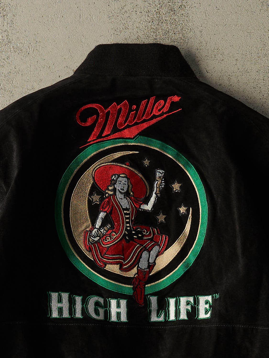 Vintage 90s RARE Black Miller High Life Jeff Hamilton Suede Bomber Jacket (M/L)