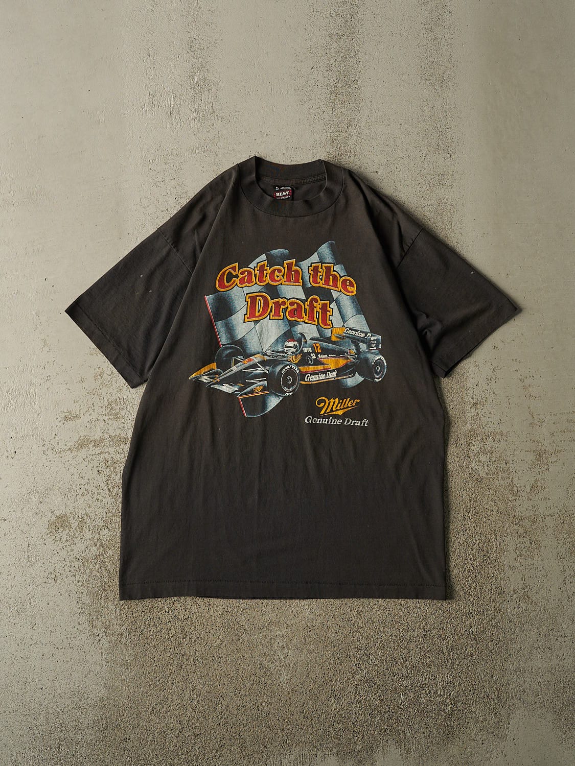 Vintage 90s Faded Black Miller Genuine Draft Single Stitch "Catch The Draft" Racing Tee (L/XL)