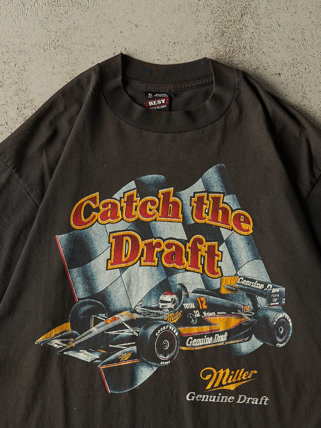 Vintage 90s Faded Black Miller Genuine Draft Single Stitch "Catch The Draft" Racing Tee (L/XL)