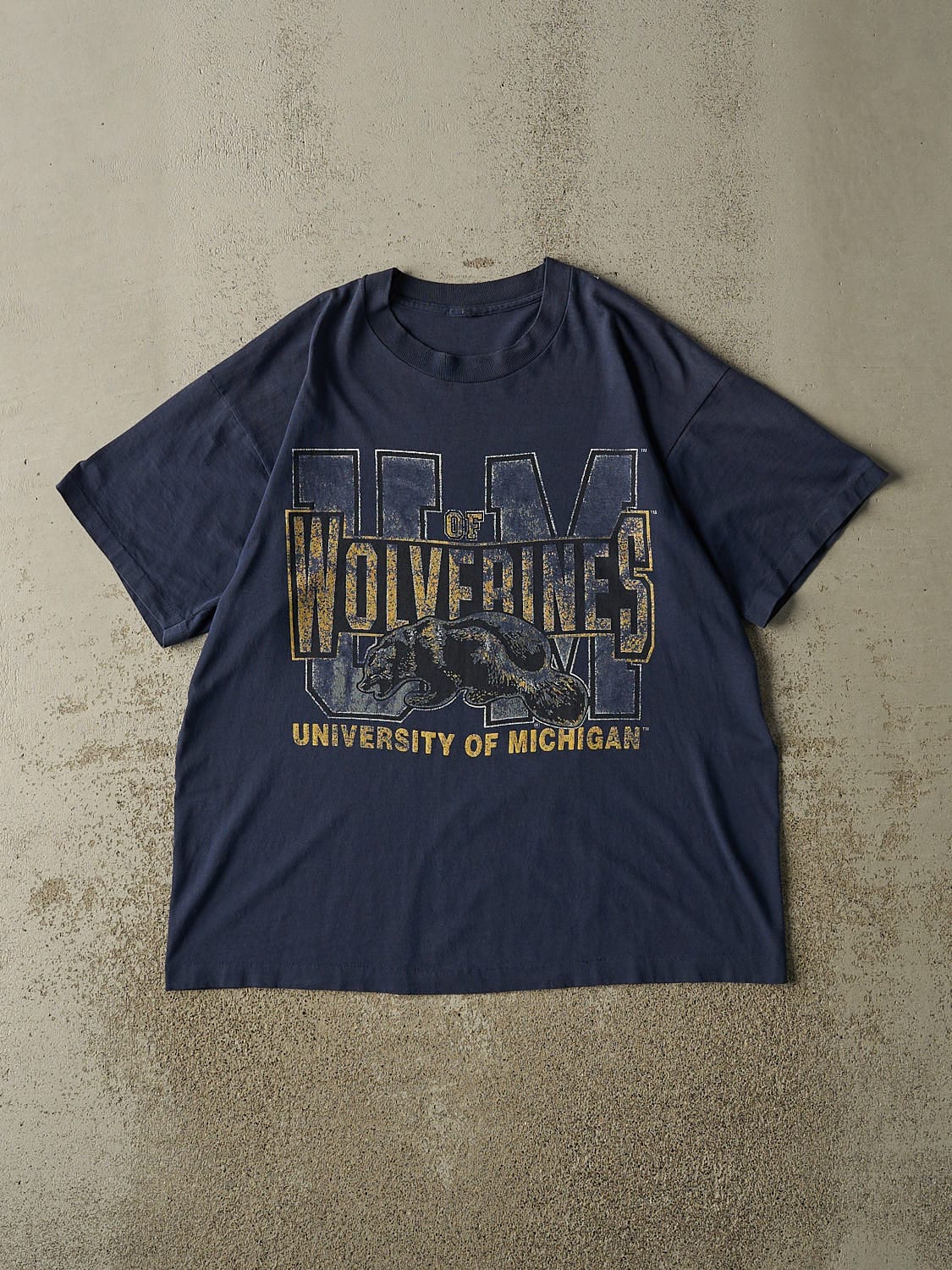 Vintage 90s Sun Faded Navy University of Michigan Wolverines Single Stitch Tee (L/XL)