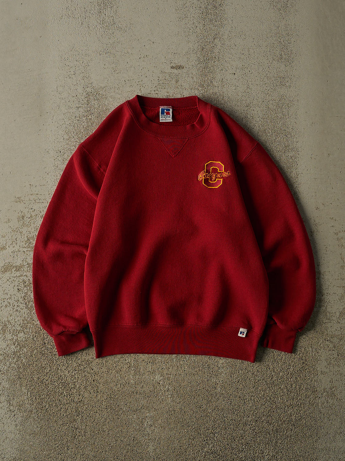 Vintage 90s Burgundy Russell Athletic Cougars Embroidered Crewneck (XS)