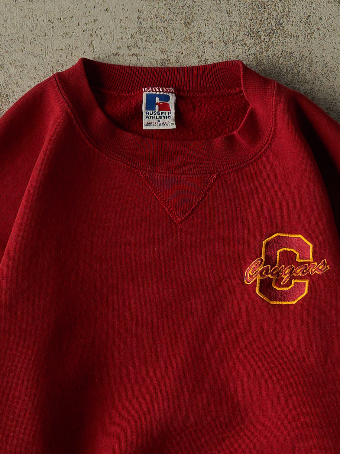 Vintage 90s Burgundy Russell Athletic Cougars Embroidered Crewneck (XS)