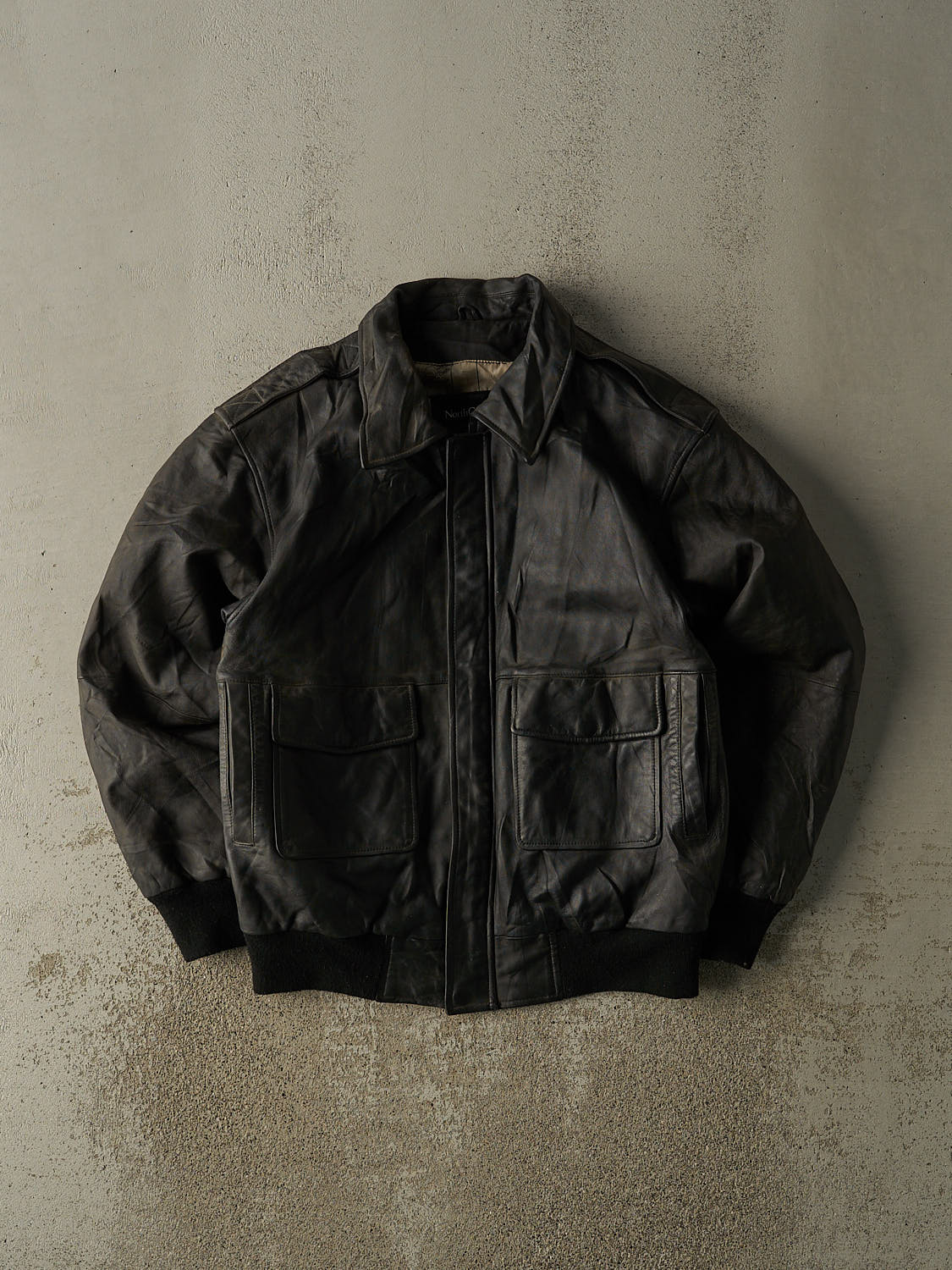 Vintage 90s Faded Black Leather Aviator Style Bomber Jacket (M/L)
